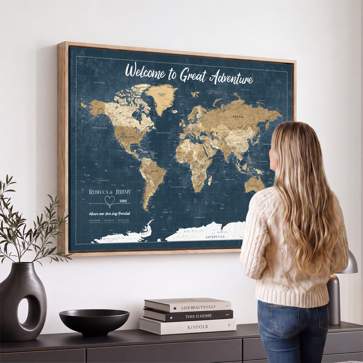 57167164-MGV-CV-36X24 - Custom Push Pin Travel Map Canvas Print, Cream Personalized Travel Tracker Map, Anniversary Gift, Vintage World Map Wall Art