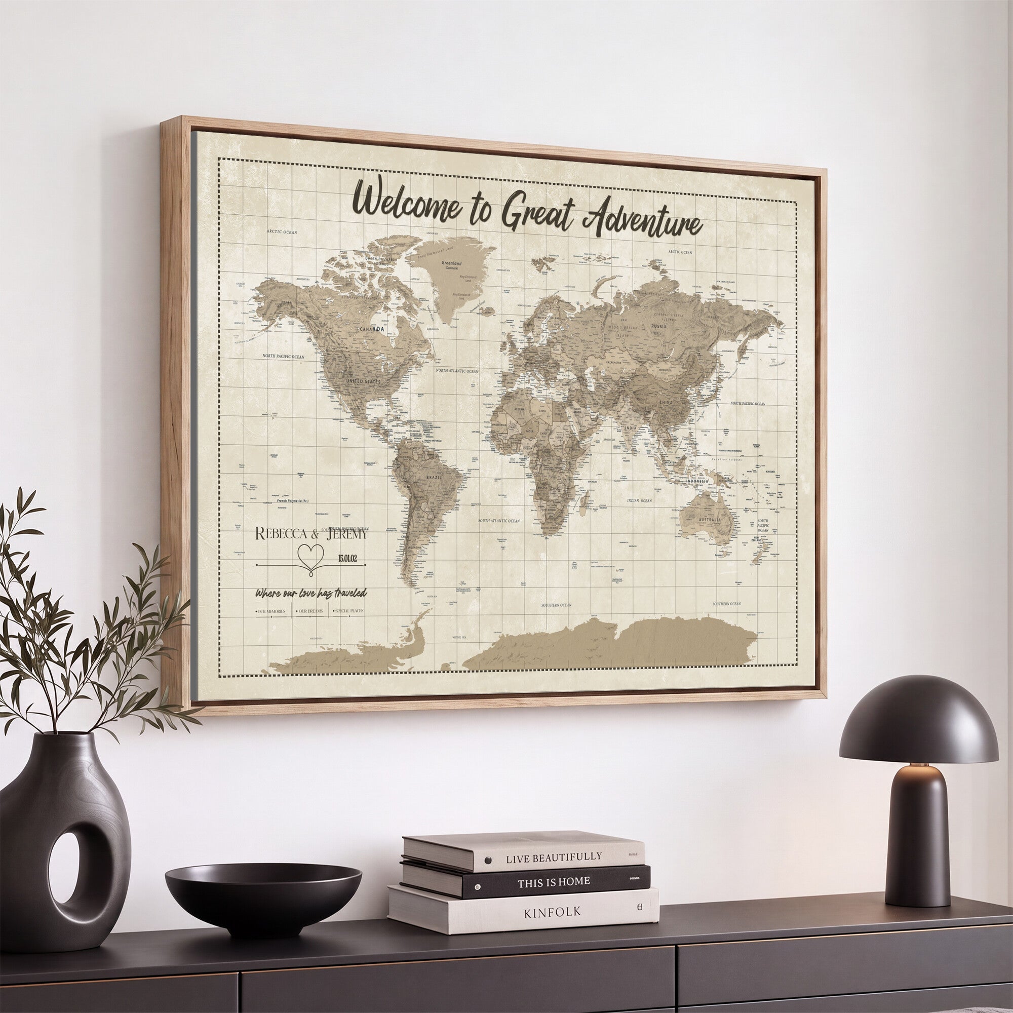 51180020-MGV-CV-36X24 - Custom Push Pin Travel Map Canvas Print, Cream Personalized Travel Tracker Map, Anniversary Gift, Vintage World Map Wall Art