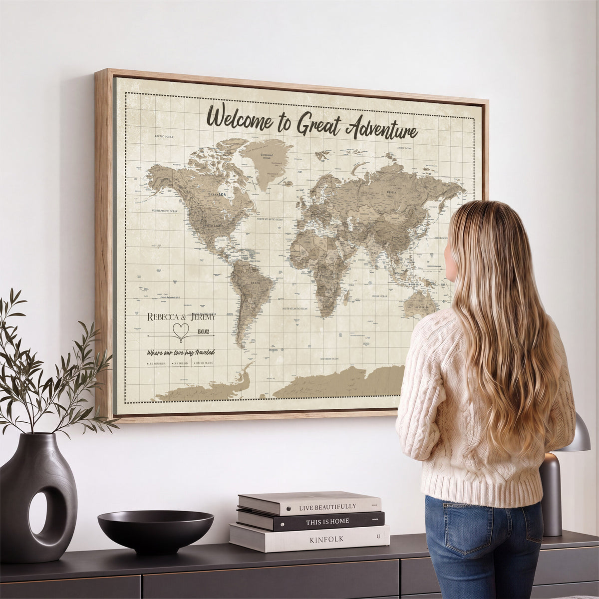 51180020-MGV-CV-36X24 - Custom Push Pin Travel Map Canvas Print, Cream Personalized Travel Tracker Map, Anniversary Gift, Vintage World Map Wall Art