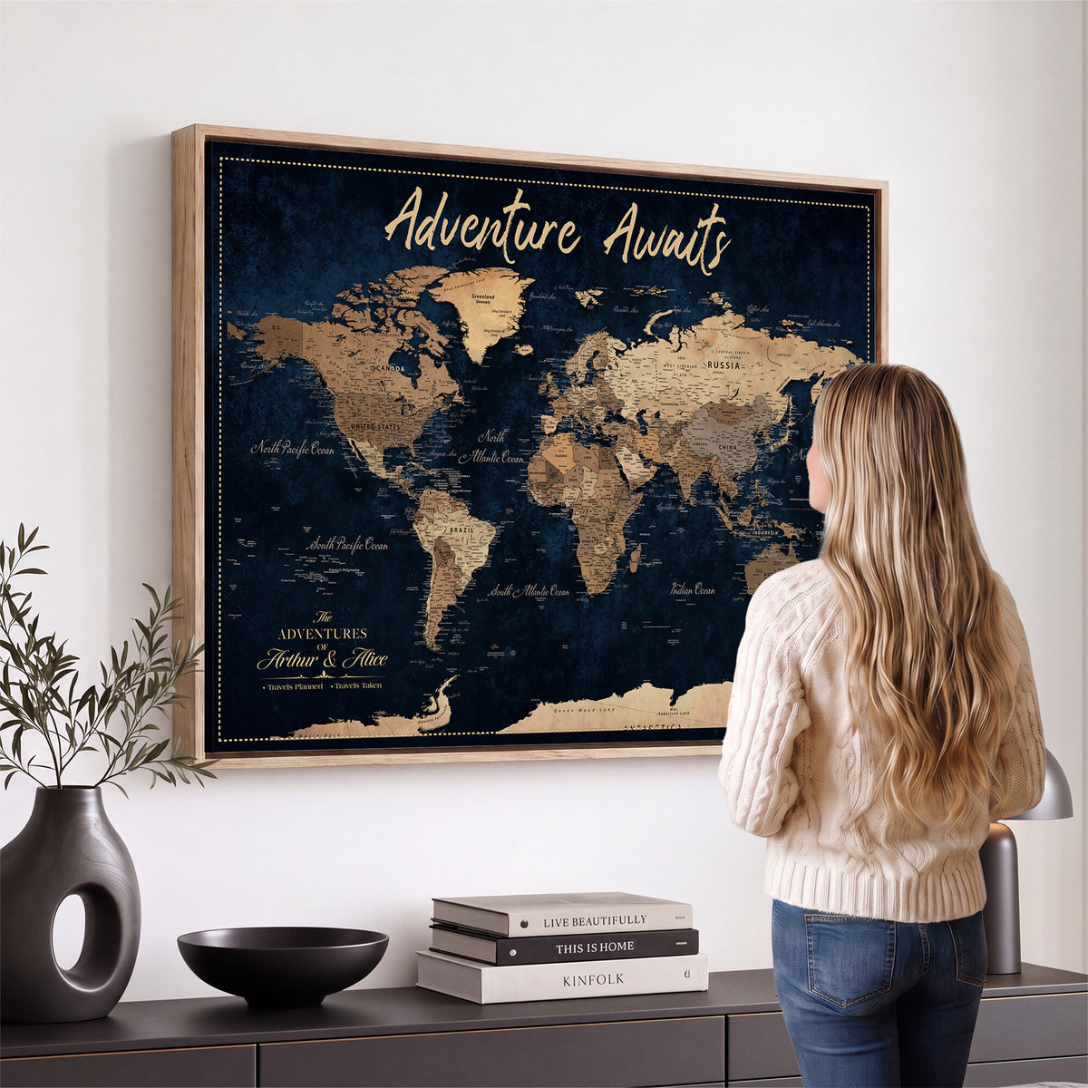 57167164-MGV-CV-36X24 - Custom Push Pin Travel Map Canvas Print, Navy Blue Personalized Travel Tracker Map, Anniversary Gift, Vintage World Map Wall Art