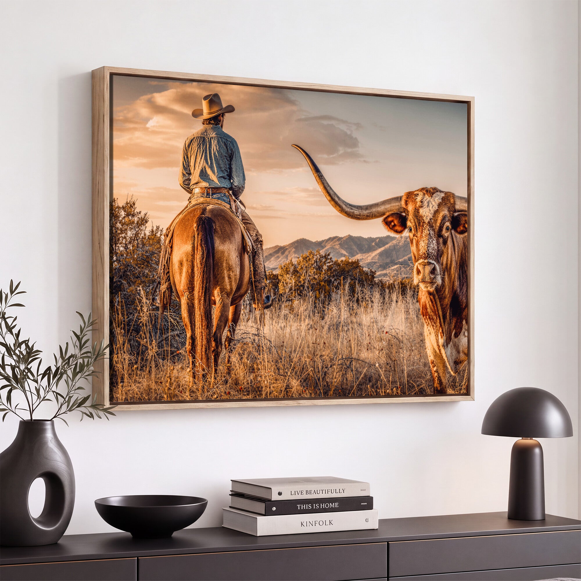 62076449C-MGV-CV-36X24 - Texas Cowboy and Longhorn Bull Print for Western Wall Art Decor for Farmhouse