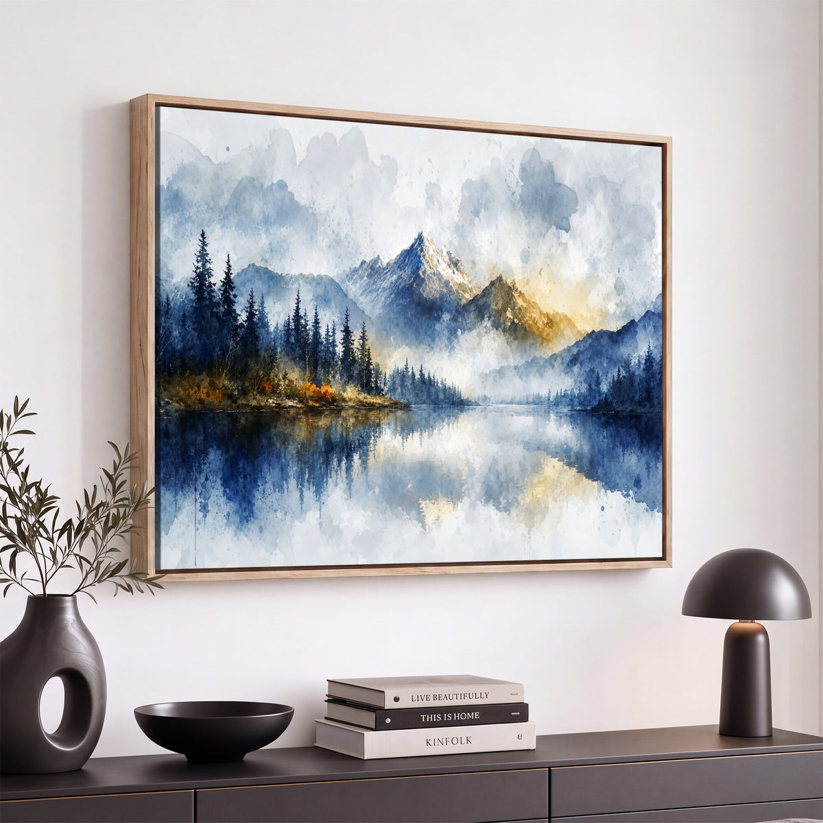 62076449DG-MGV-CV-36X24 - Abstract Watercolor Mountain Lake Wall Art Print for Living Room Decor