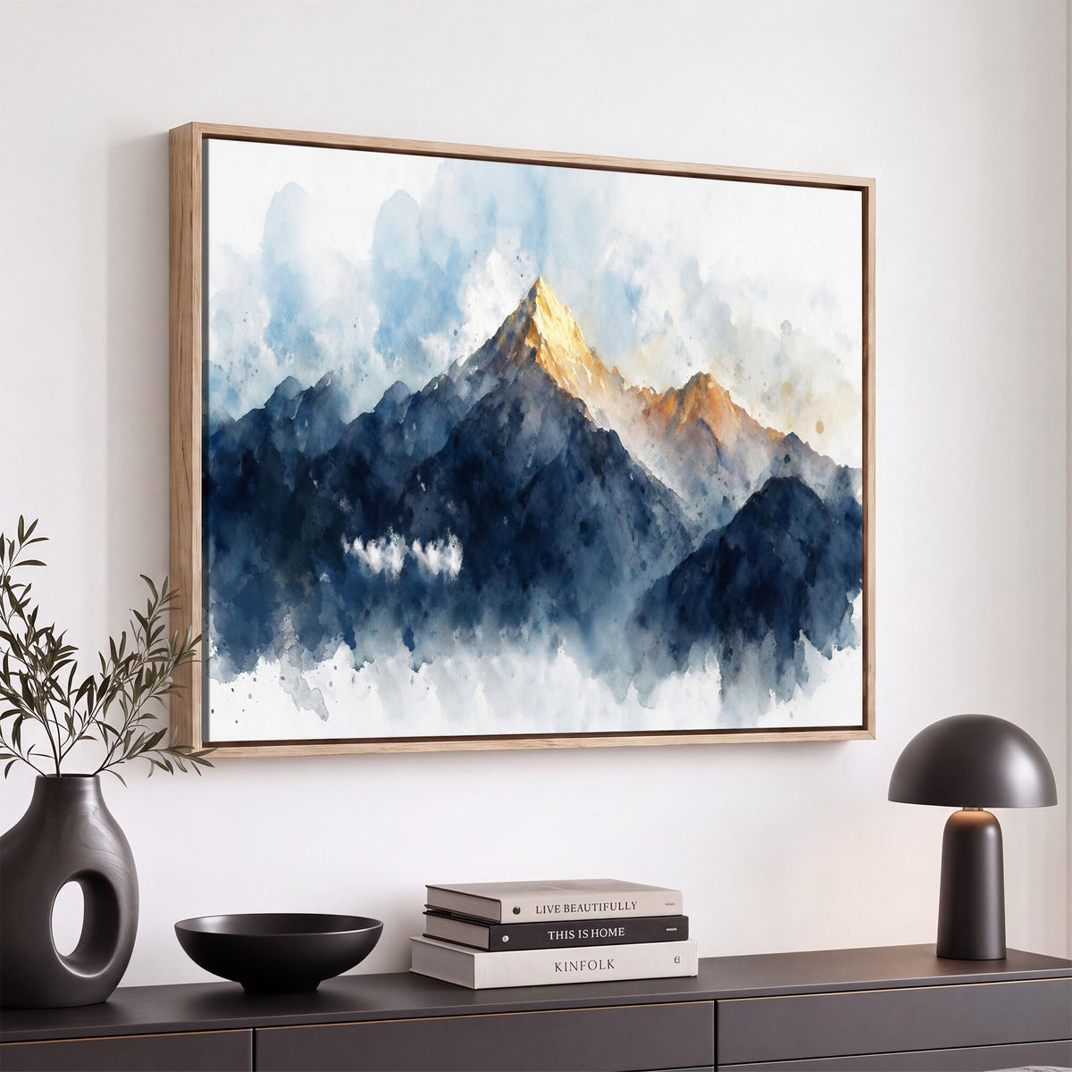 62076449DG1-MGV-CV-36X24 - Abstract Watercolor Mountain Lake Wall Art Print for Living Room Decor