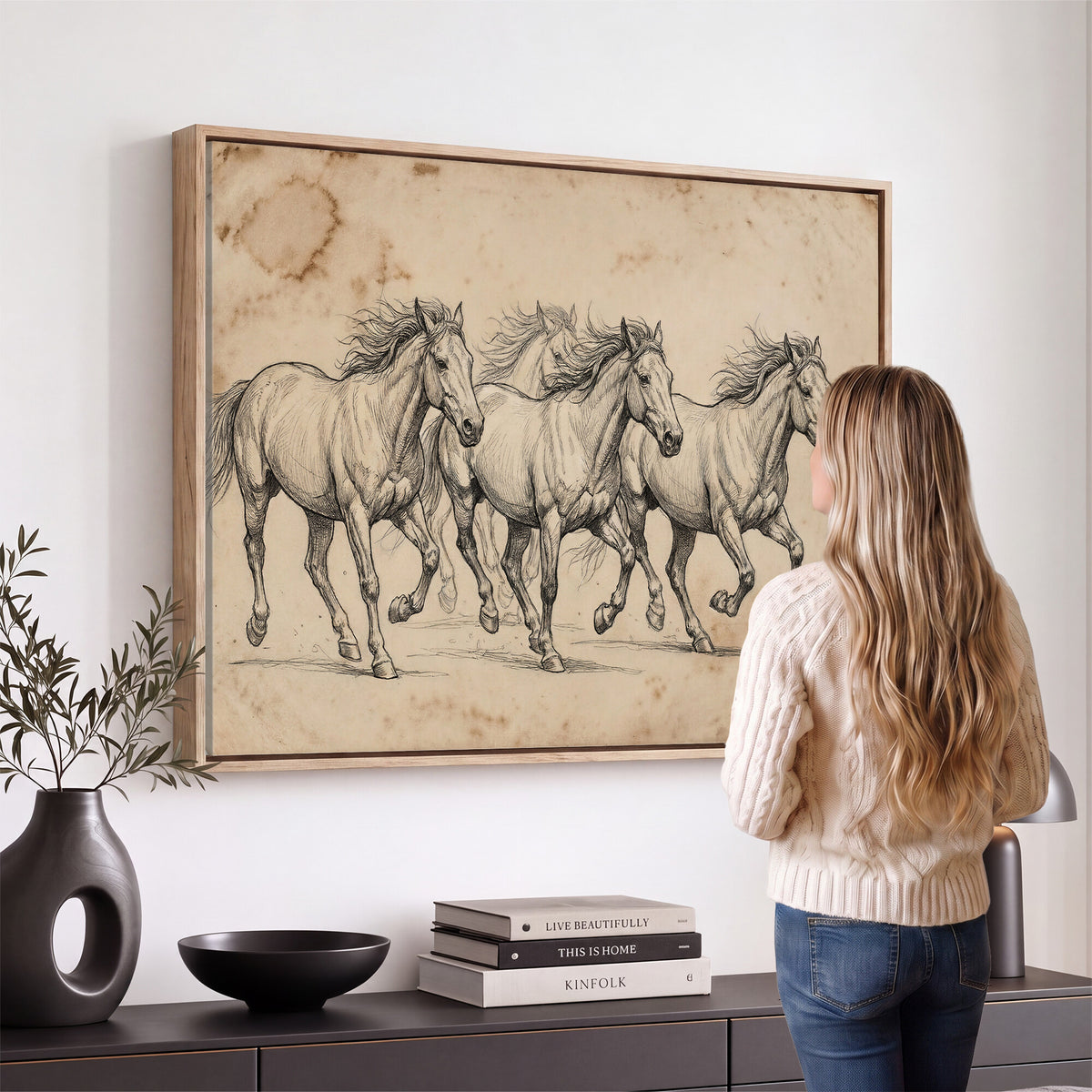 56046981-MGV-CV-36X24 - Sepia Wild Horses Canvas Art, Antique Pencil Drawing Print, Vintage Gallery Wall Decor, Rustic Equestrian Artwork, Traditional Den Gift