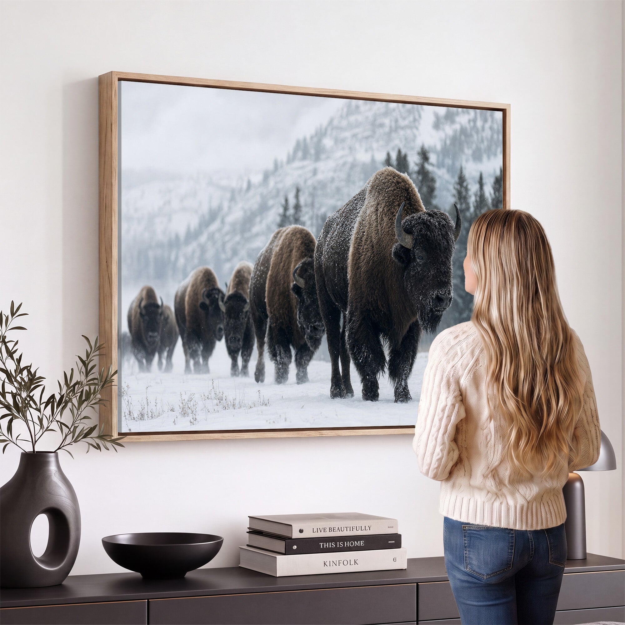 18343289-MGV-CV-36X24 - Rustic Bison Wall Art, American Buffalo Photo Print, Wildlife Canvas Artwork, Snowy Mountain Decor, Large Nature Poster, Cabin Gift Idea