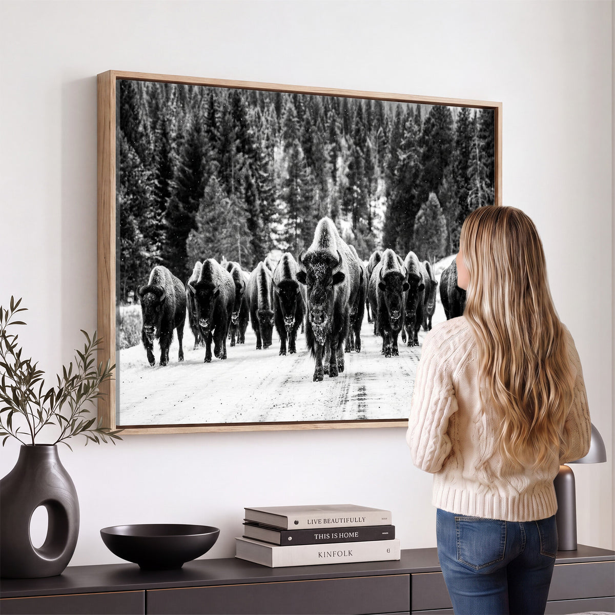 79337077-MGV-CV-36X24 - Black and White Bison Canvas Art, American Buffalo Print, Winter Wildlife Photography, Rustic Forest Wall Decor, Large Statement Nature Gift