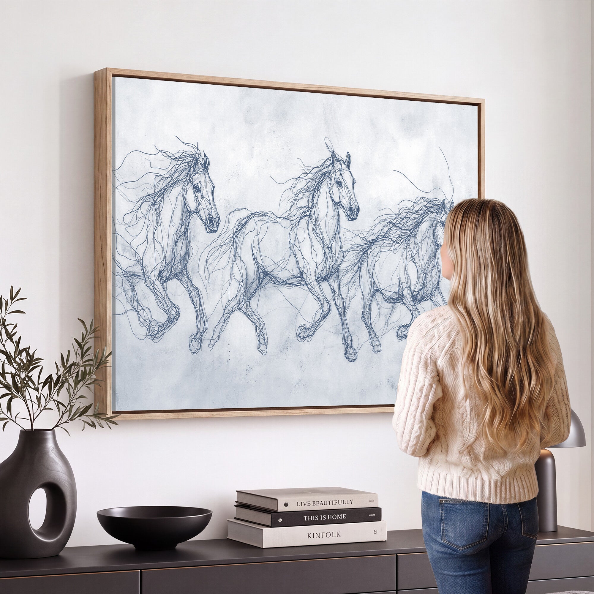41163601-MGV-CV-36X24 - Indigo Blue Horse Line Art Canvas, Steel Grey Wild Horses Print, Abstract Navy Scribble Artwork, Modern Slate Equine Wall Decor, Coastal Ranch Gift