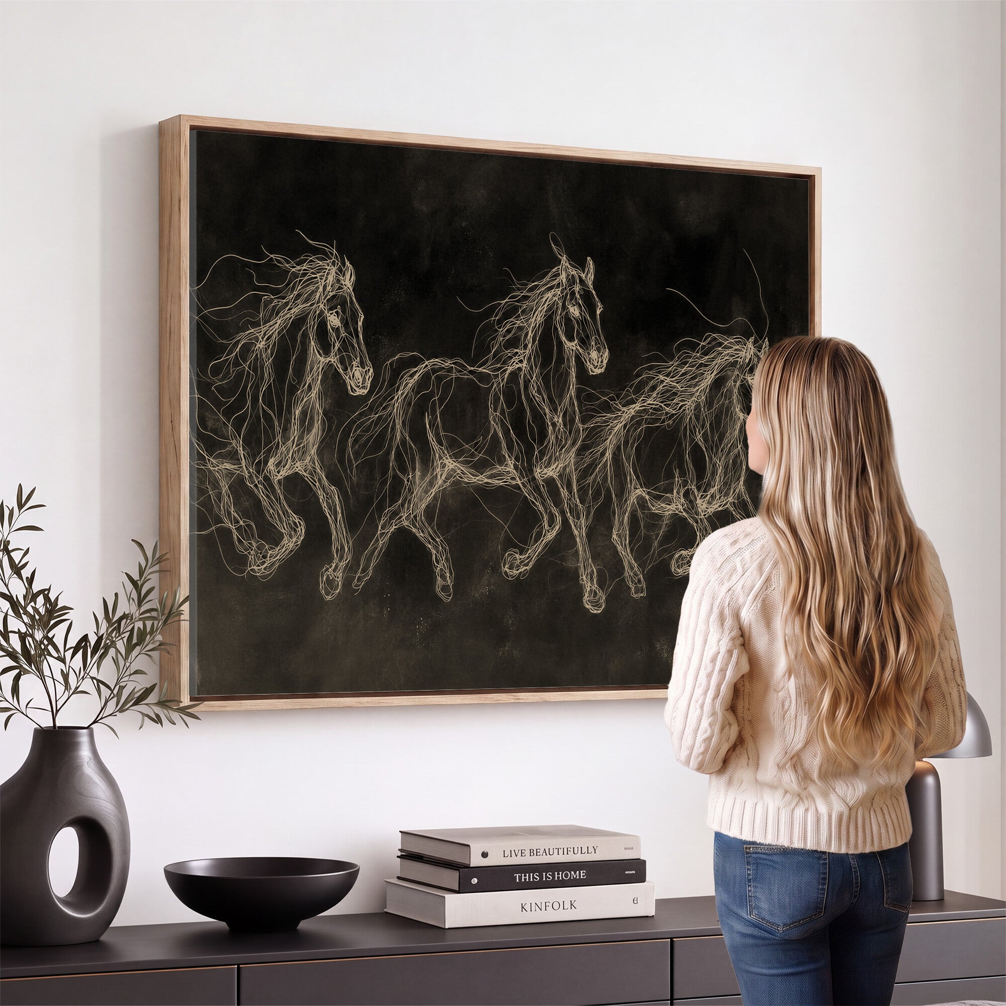 15344242-MGV-CV-36X24 - Dark Horse Line Art Canvas, Gold Scribble Wild Horses Print, Black Chalkboard Wall Art, Modern Luxury Equine Decor, Masculine Office Gift