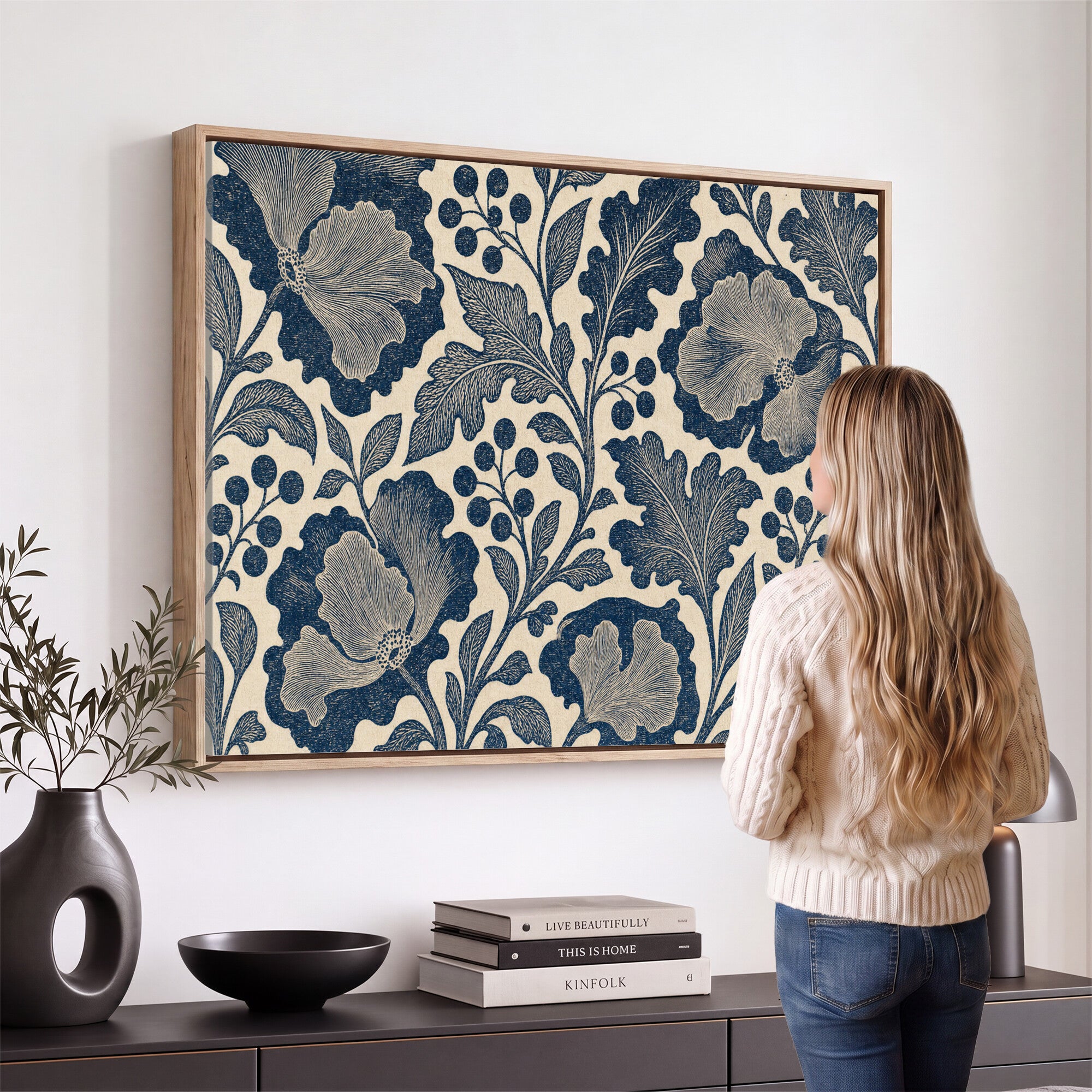 23824002-MGV-CV-36X24 - William Morris Style Navy Blue Floral Wall Art Canvas Print, Vintage Cream Botanical Painting Print