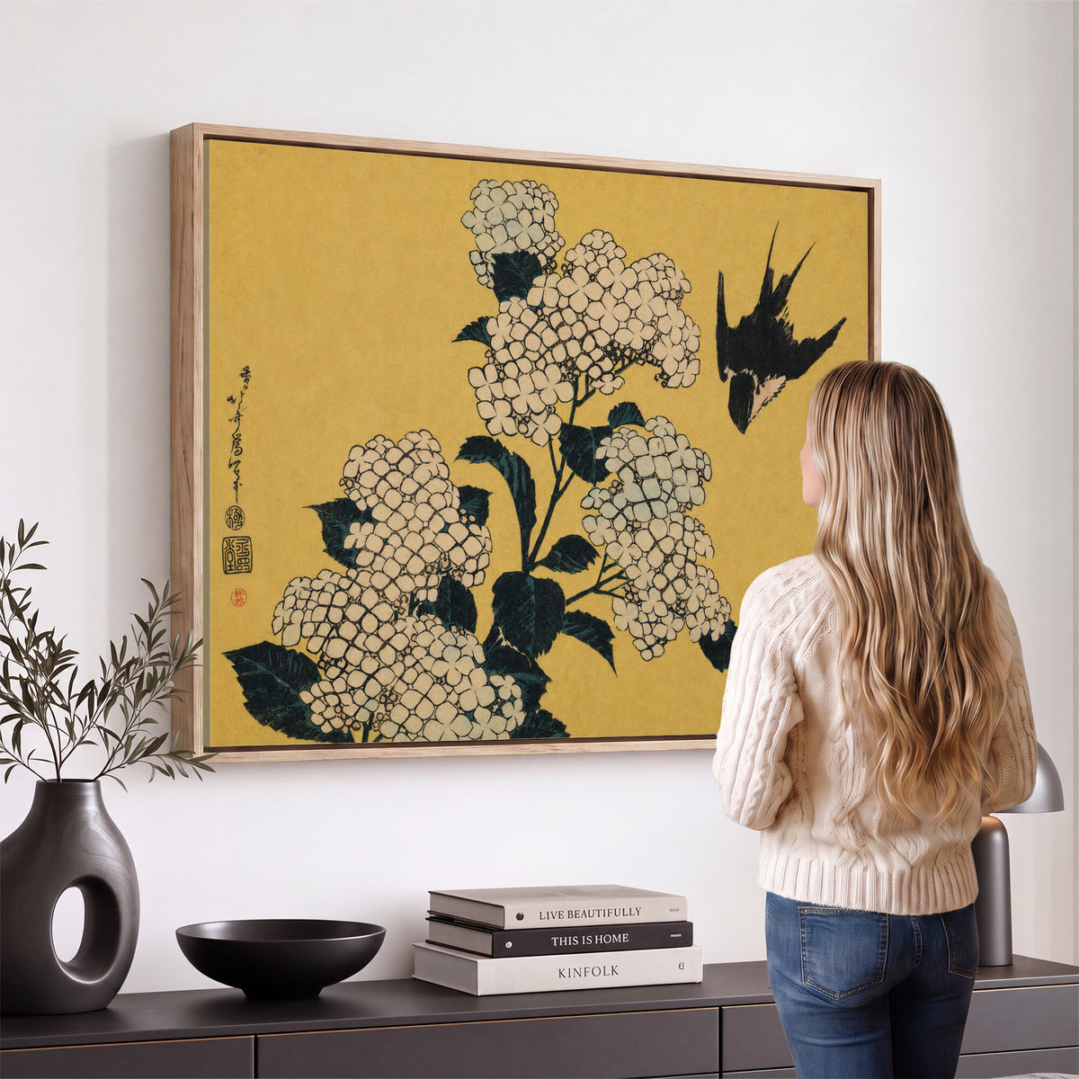 92483501-MGV-CV-36X24 - Katsushika Hokusai Hydrangea and Swallow Wall Art Canvas Print, Japanese Woodblock Painting Print