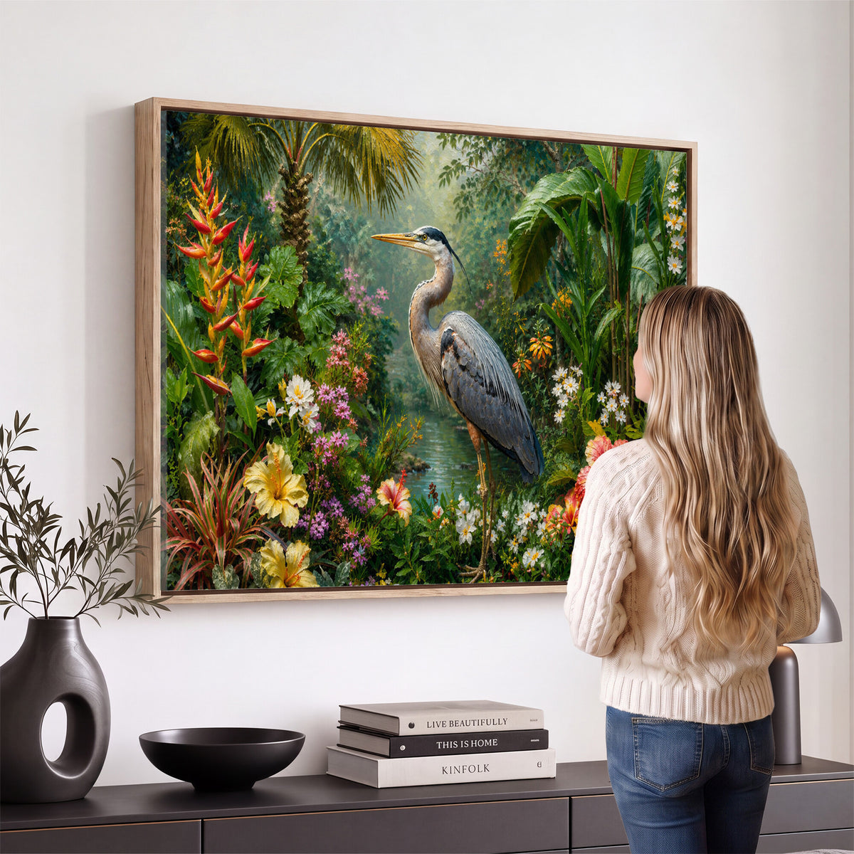 81059387-MGV-CV-36X24 - Great Blue Heron Tropical Jungle Wall Art Canvas Print, Exotic Botanical Garden Painting Print