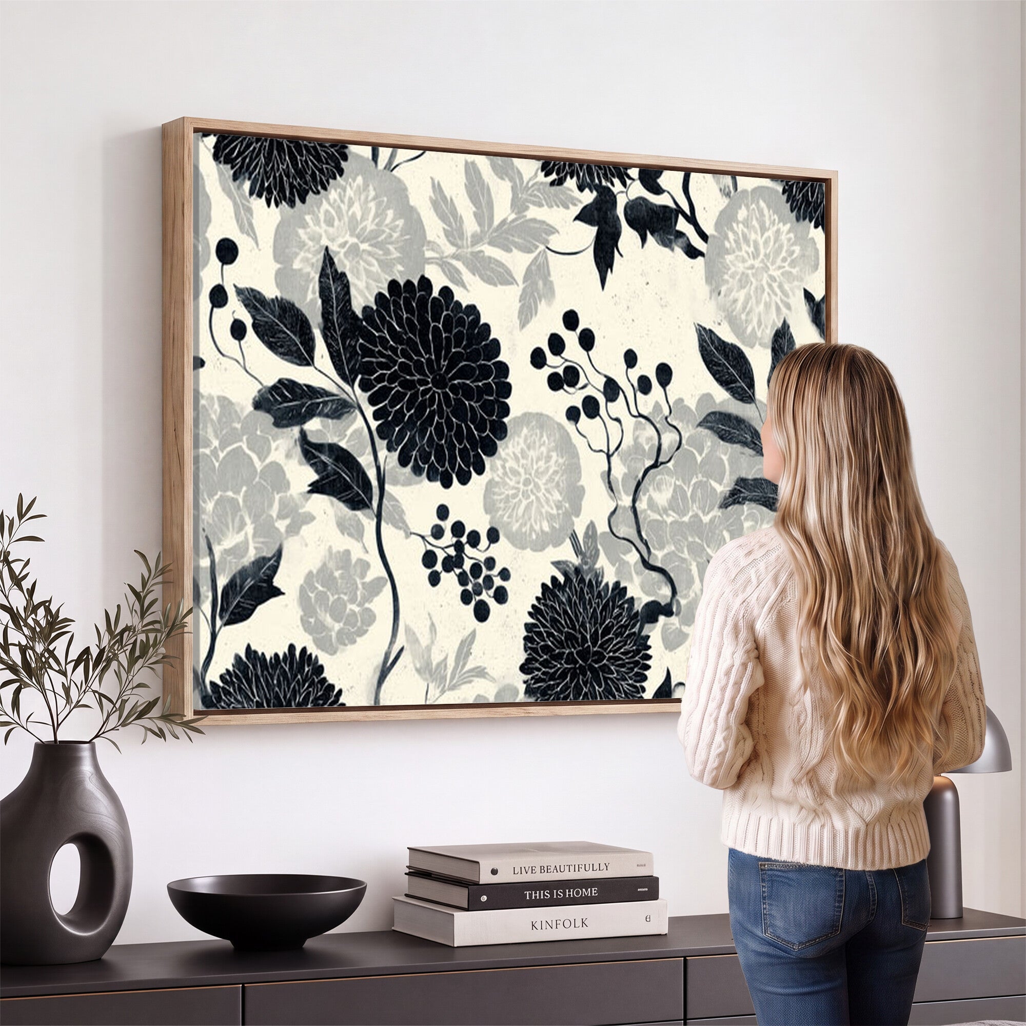 61524791-MGV-CV-36X24 - Vintage Black Chrysanthemum Wall Art Canvas Print, Monochrome Dhalia Floral Painting Print
