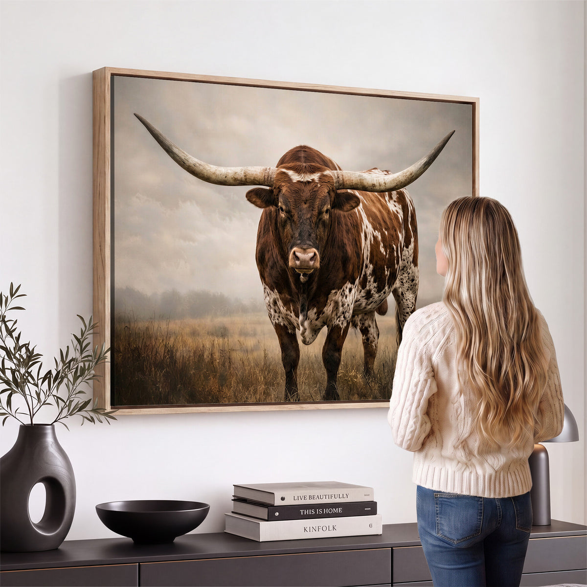25239047A-MGV-CV-36X24 - Texas Longhorn Canvas Wall Art Western Bull Desert Moody Grey Overcast Rustic Farmhouse Framed Large for Living Room Bedroom Office Decor