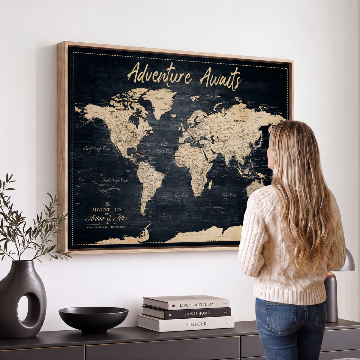 688173822-MGV-CV-36X24 - Extra Large Vintage Personalized Push Pin World Map Wall Art Canvas Print