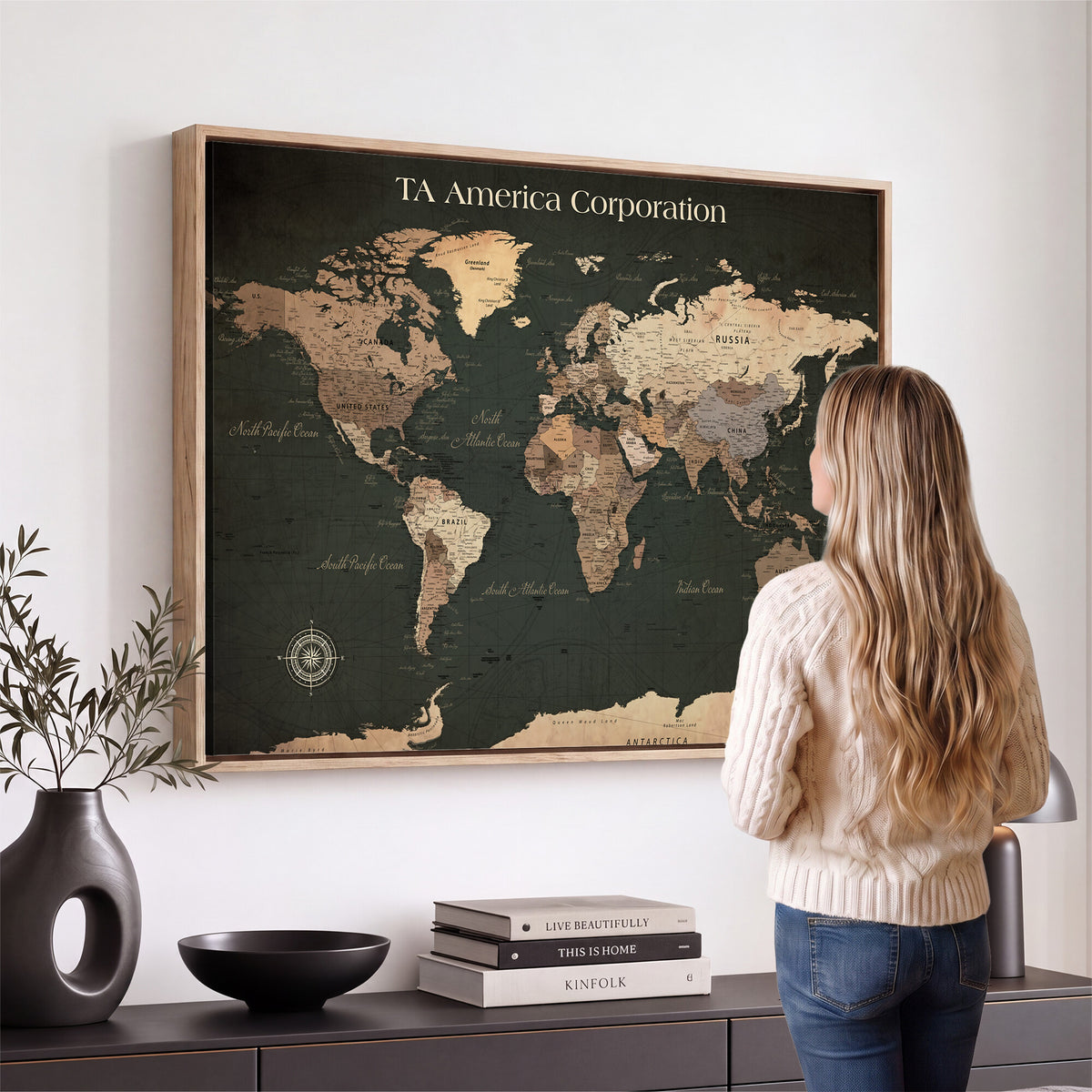 55857205-MGV-CV-36X24 - Extra Large Framed Personalize Push Pin World Map Wall Art Canvas Print for Travel Tracking