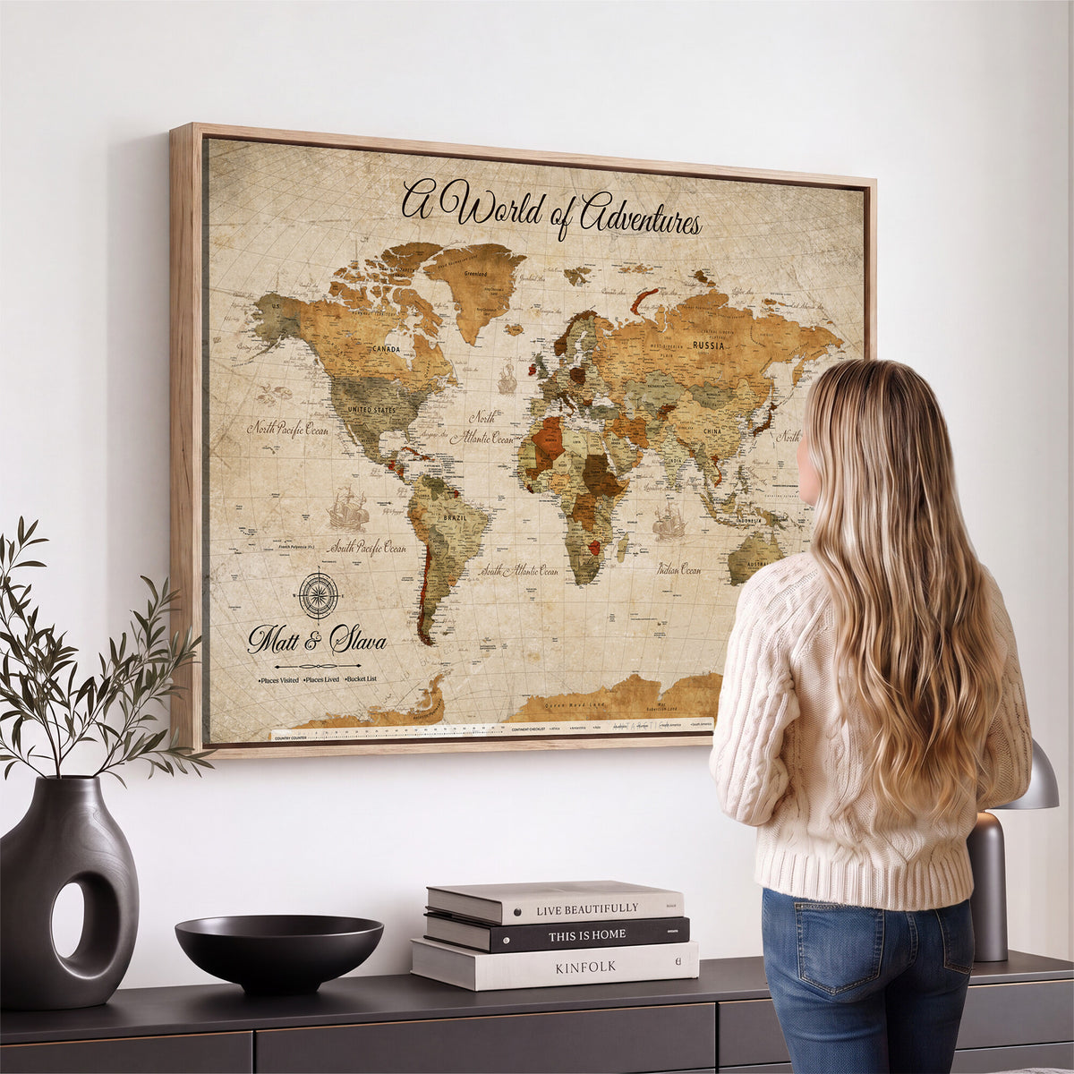 88768647-MGV-CV-36X24 - Extra Large Framed Personalize Push Pin World Map Wall Art Canvas Print for Travel Tracking