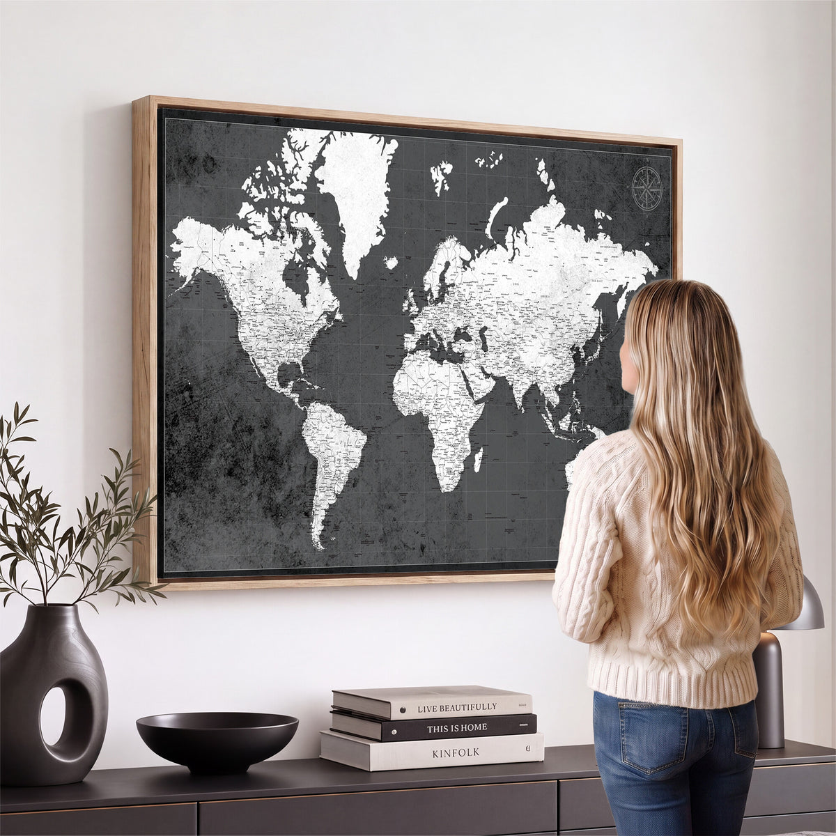 78574966-MGV-CV-36X24 - Extra Large Framed Personalize Push Pin World Map Wall Art Canvas Print for Travel Tracking