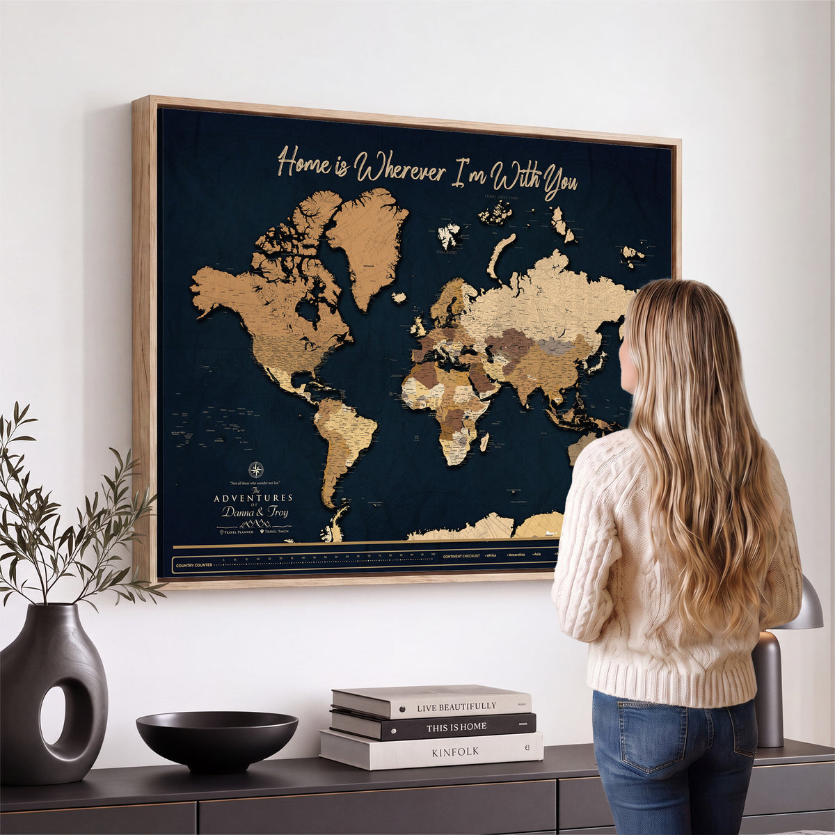 13903533-MGV-CV-36X24 - Extra Large Framed Personalize Push Pin World Map Wall Art Canvas Print for Travel Tracking
