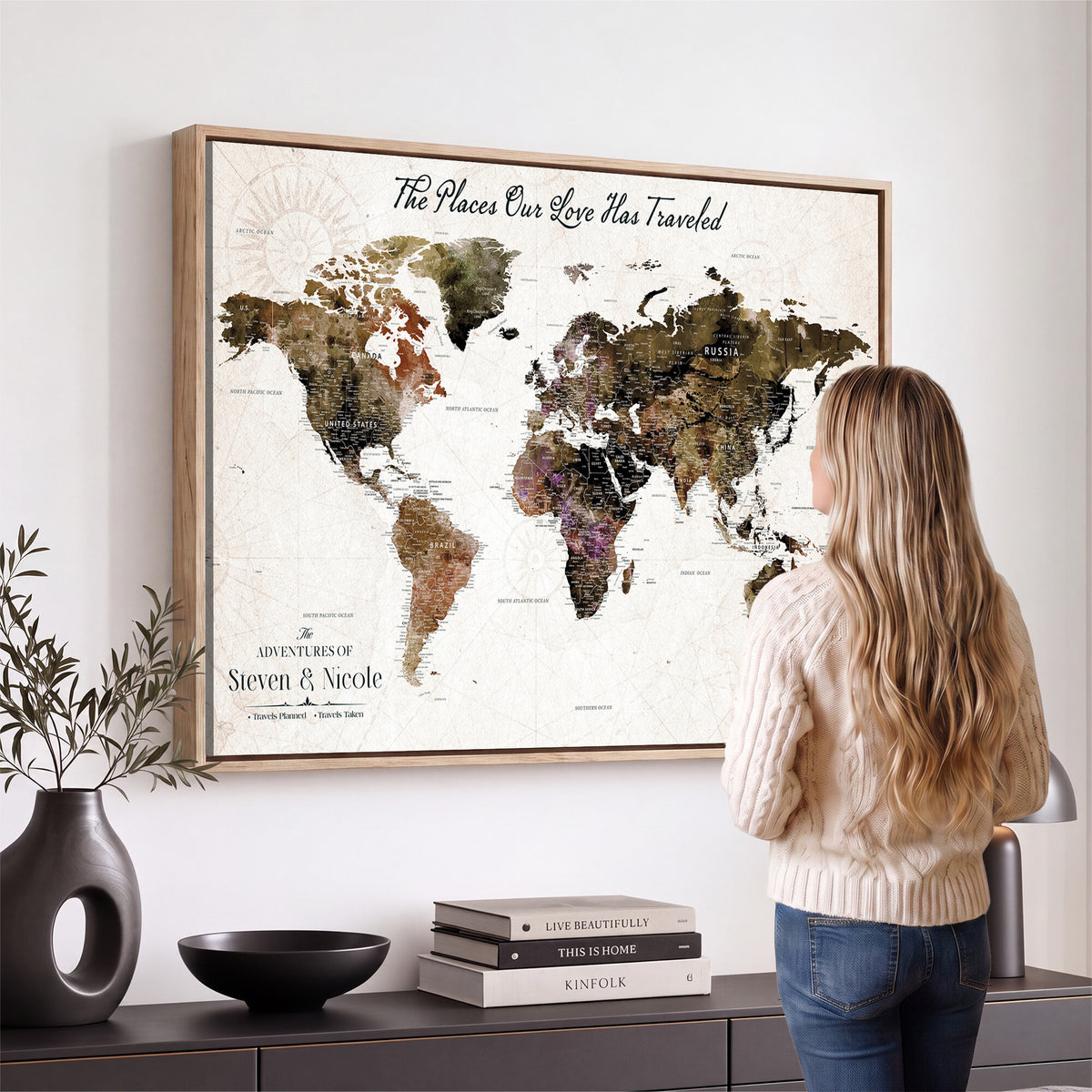 18074626D3D-MGV-CV-36X24 - Extra Large Framed Personalize Push Pin World Map Wall Art Canvas Print for Travel Tracking NEWMAP - 015