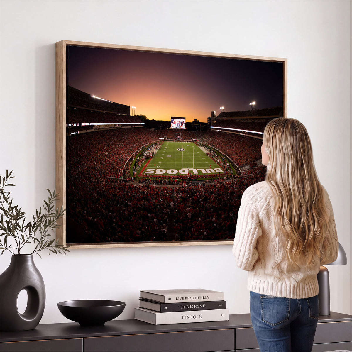 97720998-_Poster-30x20 - Georgia Bulldogs Stadium Sunset Canvas Print 3 Piece Framed Wall Art Extra Large Floating Frame Sports Poster Made in USA