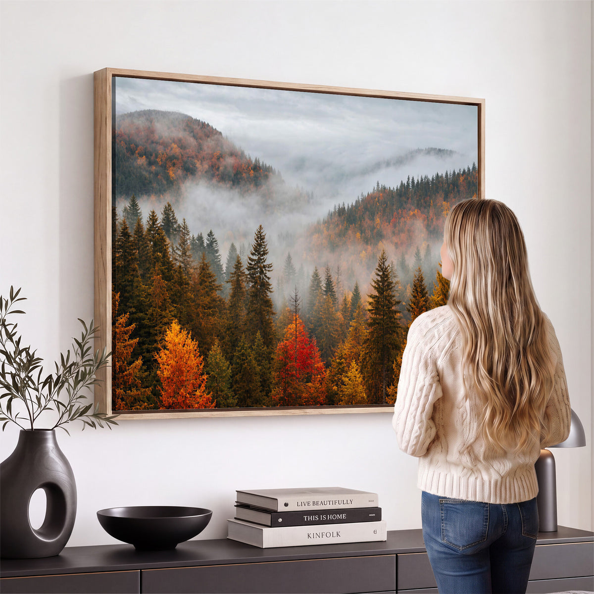 87481341-_Poster-30x20 - Foggy Autumn Mountain Canvas Print Smoky Pine Forest Wall Art Panoramic Nature Poster 3 Piece Made in USA