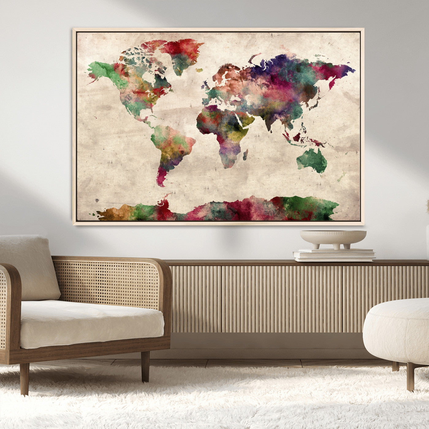-Watercolor World Map Canvas Print – Framed Push Pin Wall Art for Couples, Colorful Travel Map Artwork for Elegant Home and Office Decor