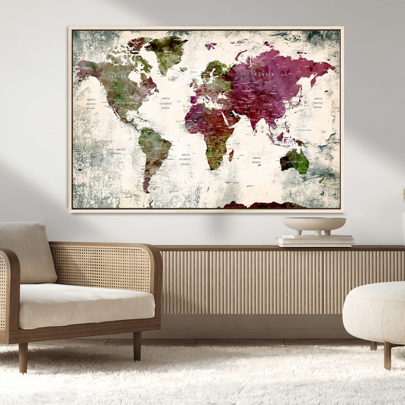 39882-MGV-CV-36X24-Vintage Watercolor Push Pin World Map Canvas – Framed Travel Wall Art for Home and Office Decor