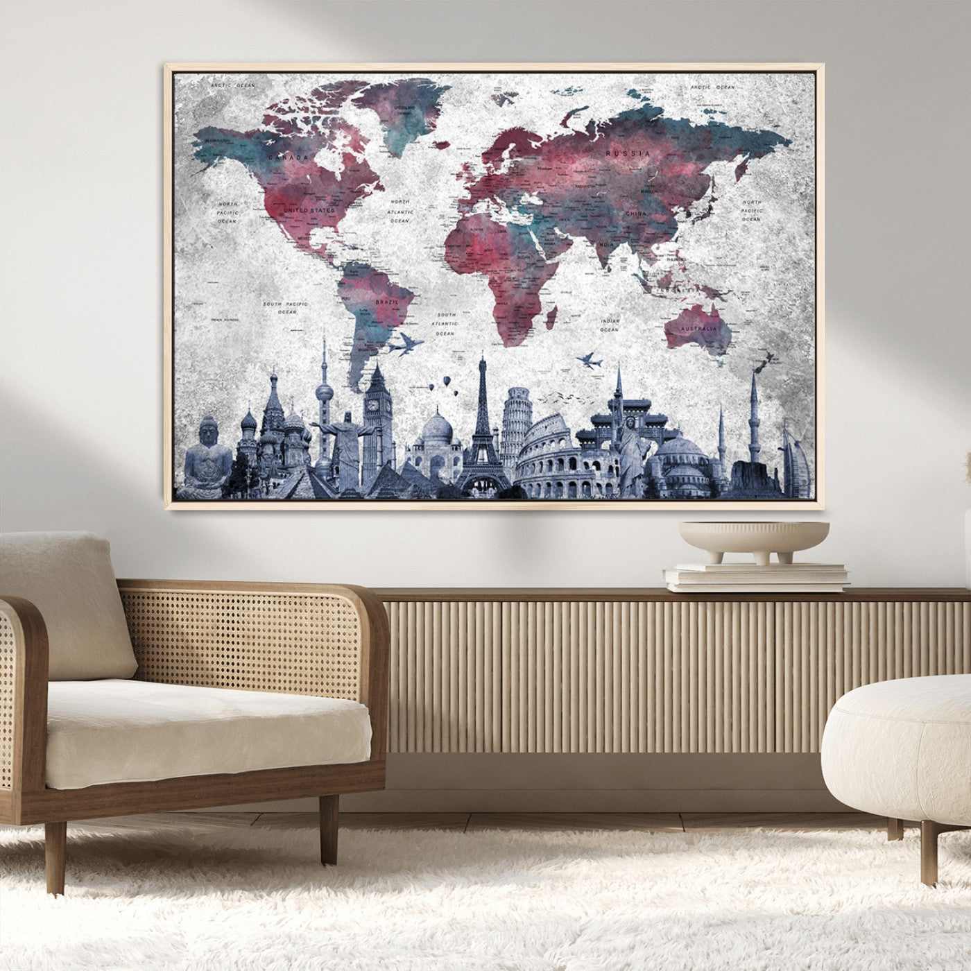 42515-MGV-CV-36X24-World Map Canvas Wall Art with Famous Landmarks – Framed Travel Map Print for Home and Office Decor, Perfect Gift for Travel Lovers