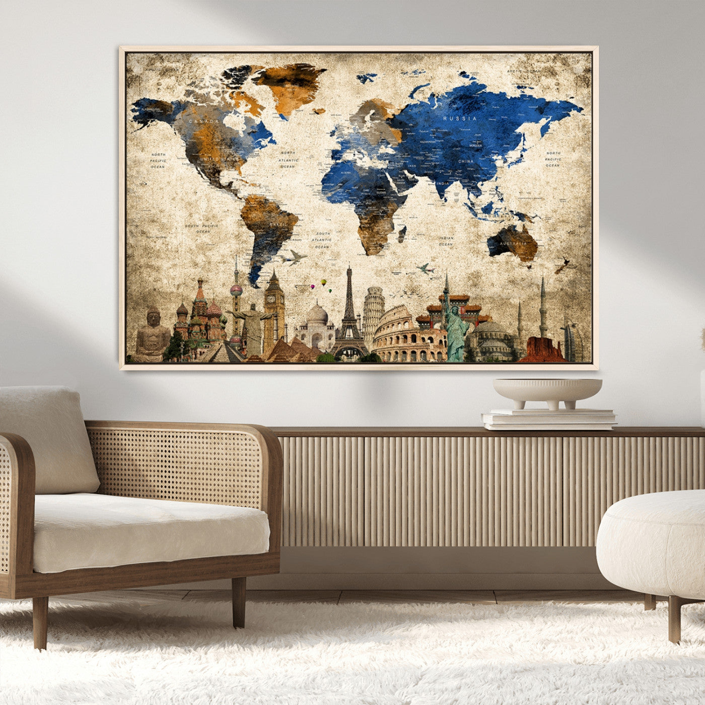 20261-MGV-CV-36X24-World Map Canvas Print – Vintage Blue and Gold World Map Wall Art, Framed Travel Inspired Decor for Living Room or Office