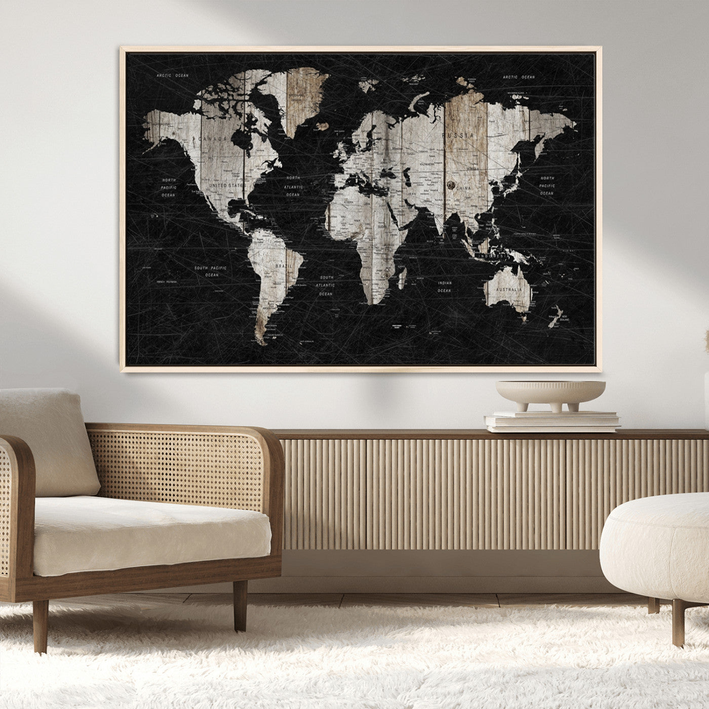 89998-MGV-CV-36X24-Rustic Black and Wood World Map Canvas Wall Art – Framed Push Pin Travel Map for Home and Office Decor, Modern Vintage Wall Artwork