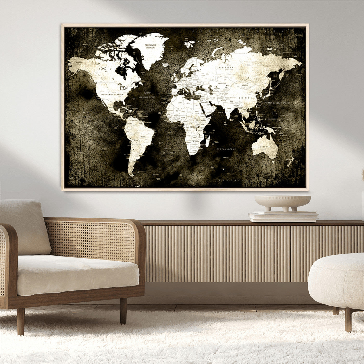 66737-MGV-CV-36X24-Vintage World Map Canvas Wall Art – Framed Push Pin Travel Map for Home and Office Decor, Rustic Wall Artwork for Travelers