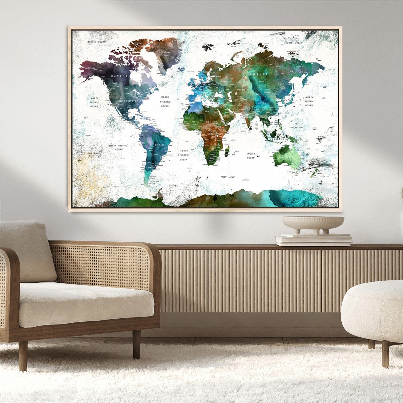 -Modern Watercolor World Map Canvas Wall Art – Framed Abstract Map Print, Contemporary Travel Artwork for Elegant Home and Office Decor