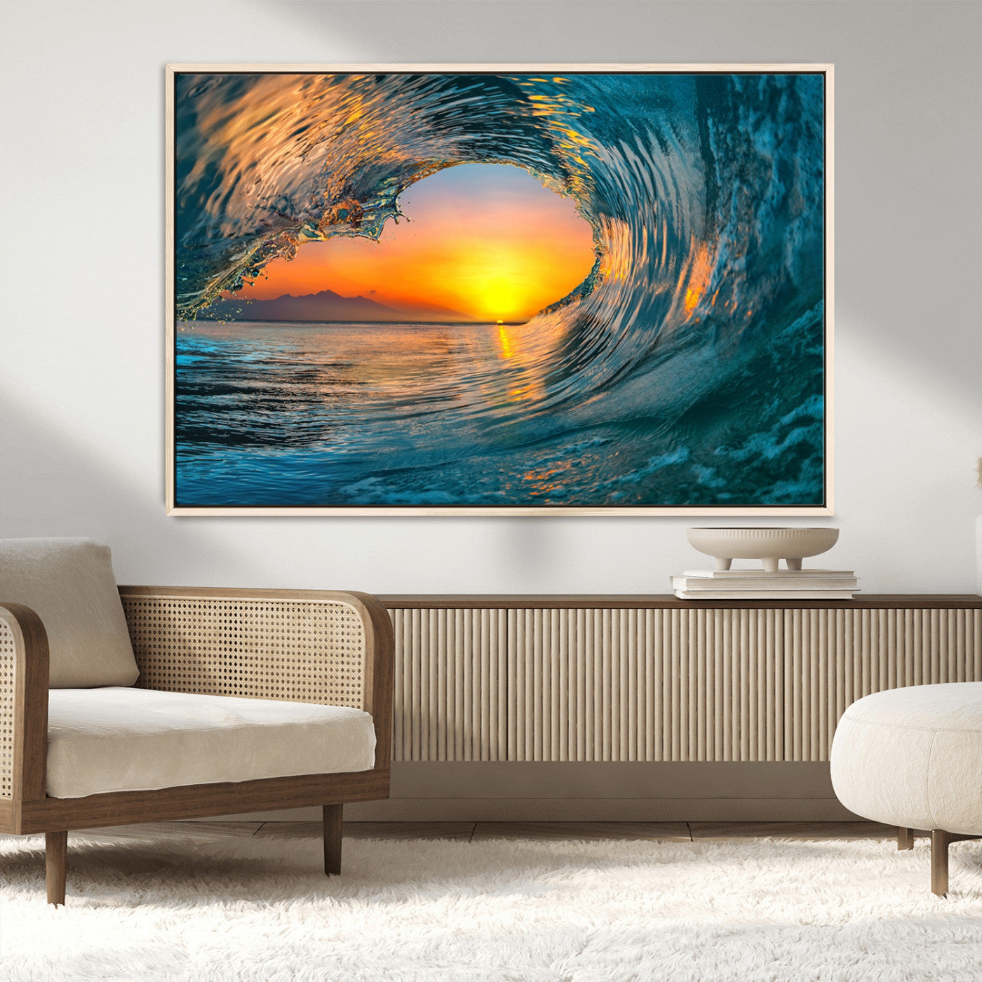 -Ocean Wave Sunset Wall Art | Large Coastal Wave Canvas Print | 3-Panel Ocean Sunset Seascape for
