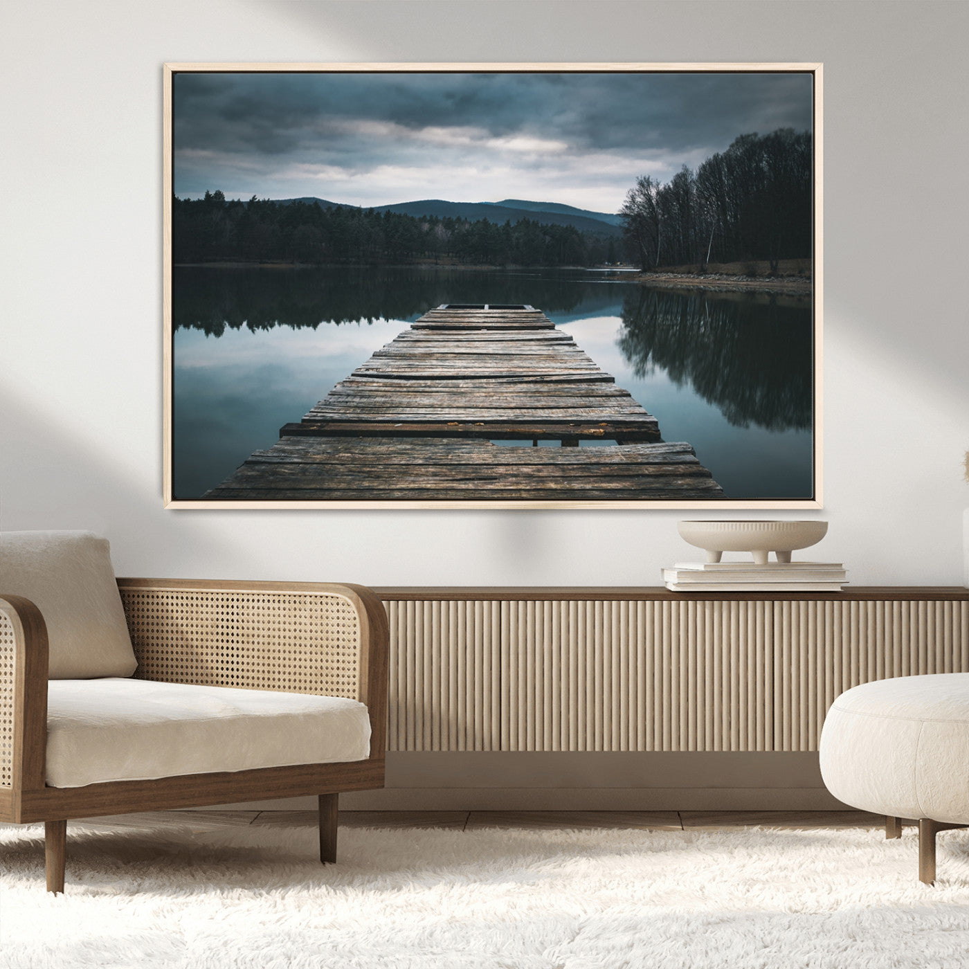 -Wooden Bridge Near Lake Wall Art Canvas Print