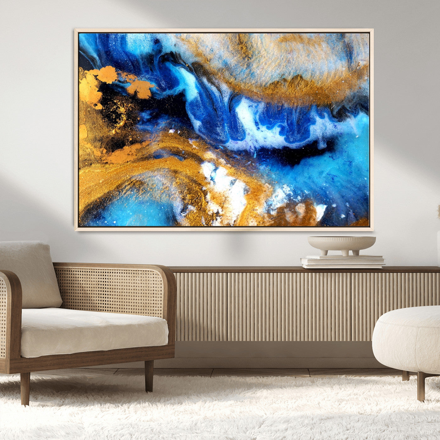 42100-MGV-CV-36X24-Blue Orange Marble Fluid Effect Canvas Wall Art Print