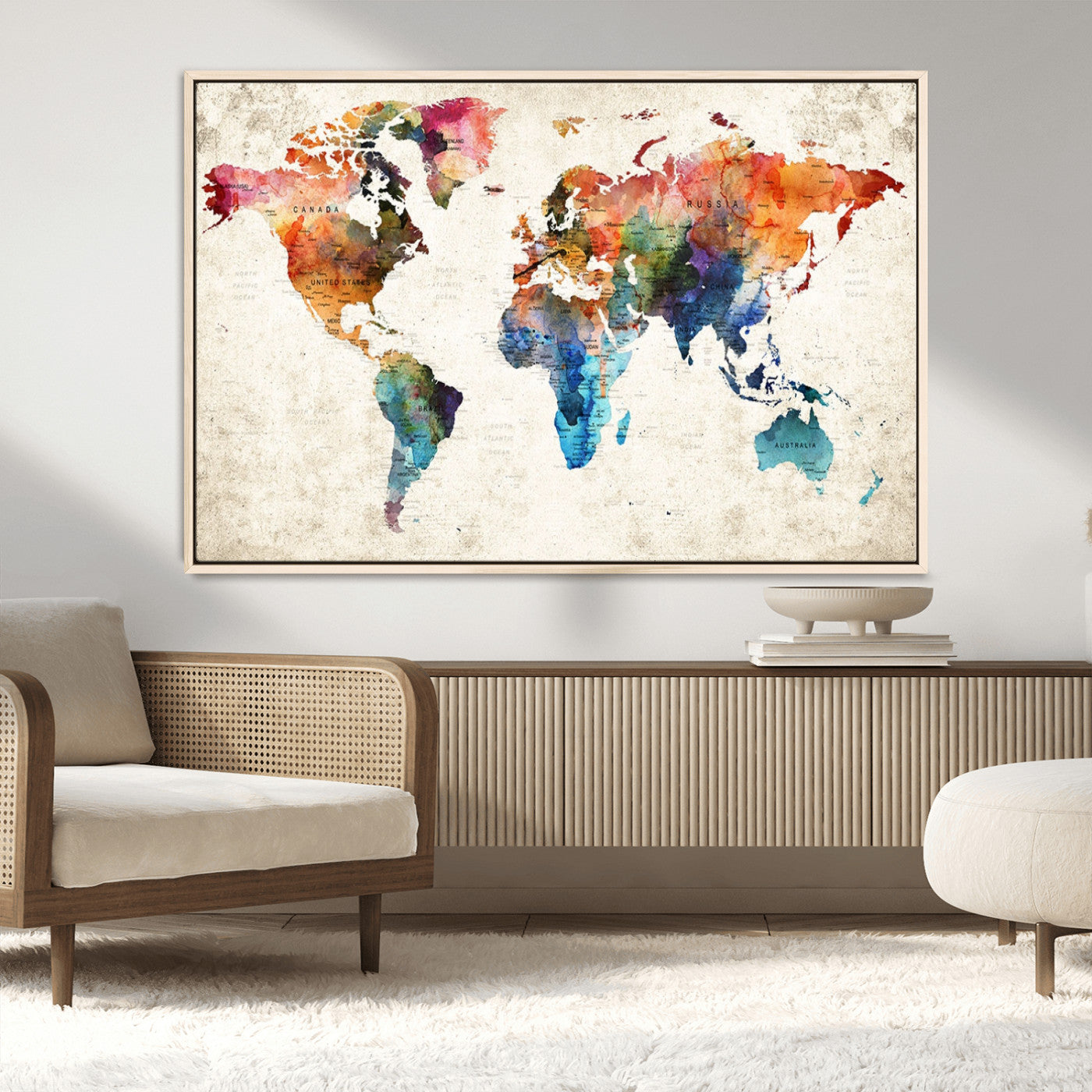 66549-MGV-CV-36X24-Colorful Watercolor World Map Canvas Wall Art – Framed Push Pin Travel Map for Home and Office Decor, Artistic Modern Wall Artwork