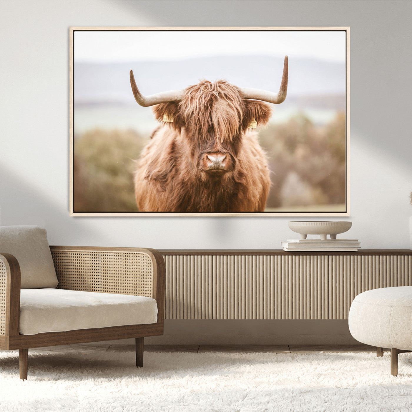 -Scottish Serene Highland Cow Canvas Wall Art – Serene Highland Cow in Natural Pastel Tones – Ready