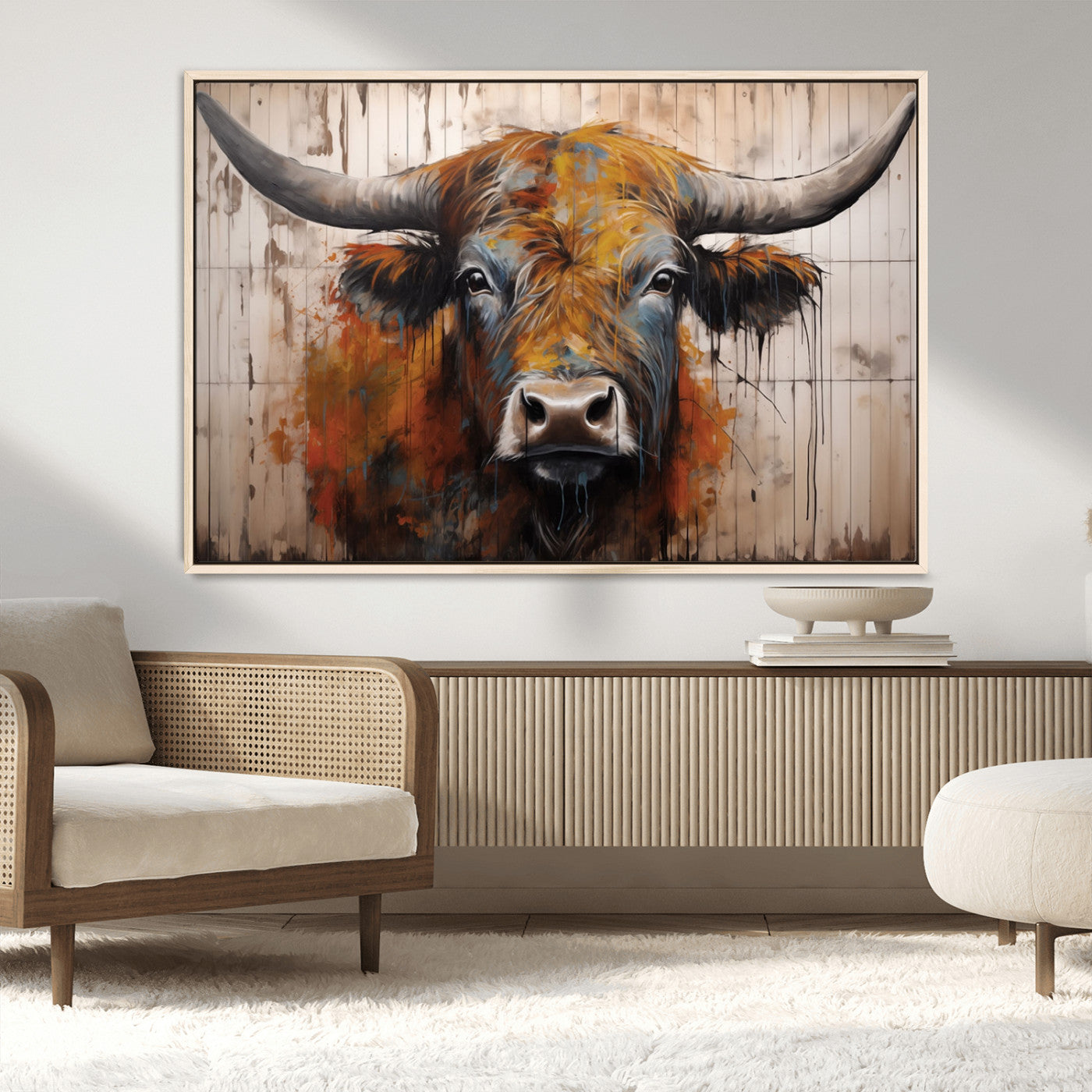 47284-MGV-CV-36X24-Scottish Highland Cow Cattle Art Print on Wood Style Background