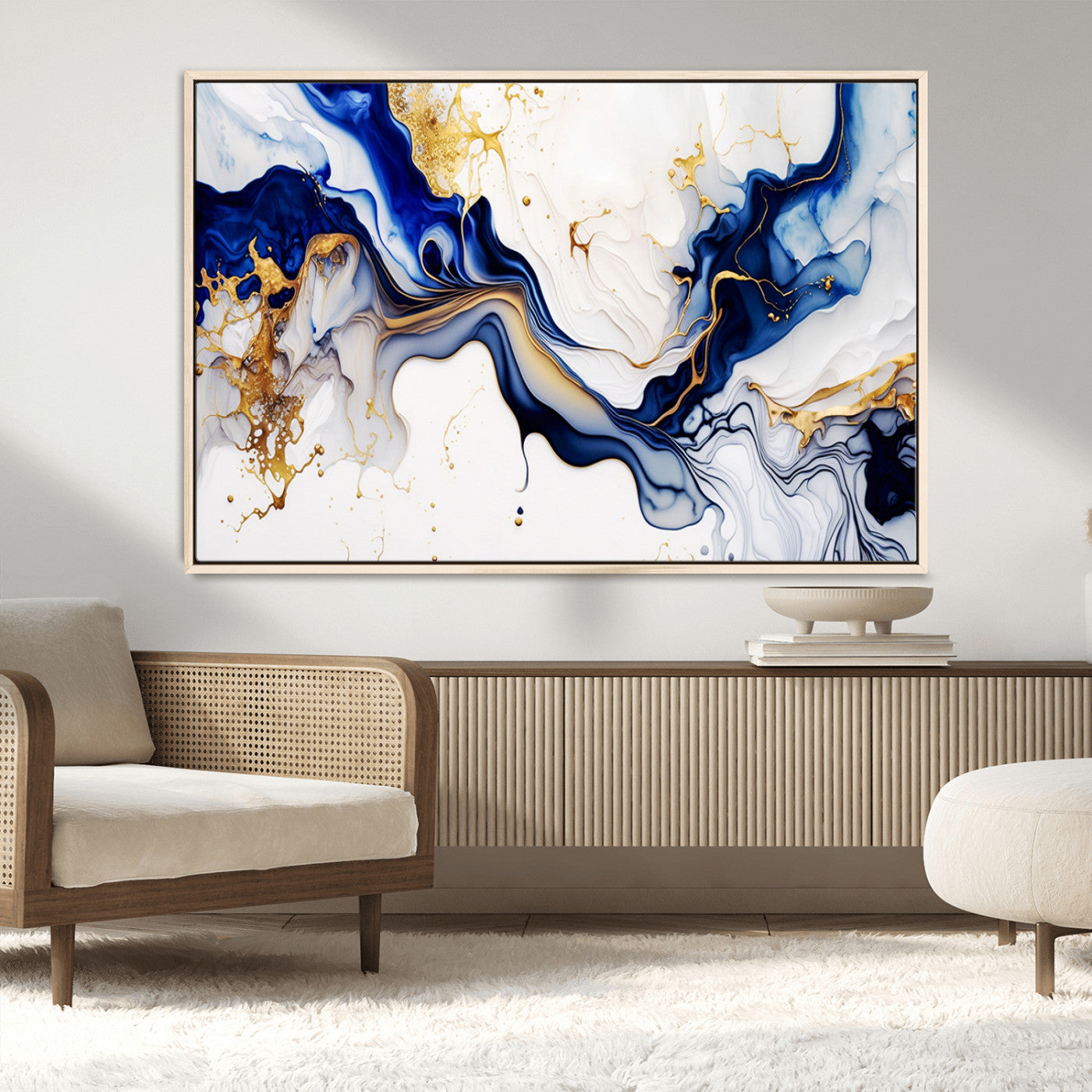 93392-MGV-CV-36X24-Golden Cascades on Midnight Blue – Deep Blue Abstract Wall Art Flowing Elegance | Wall Art Canvas,