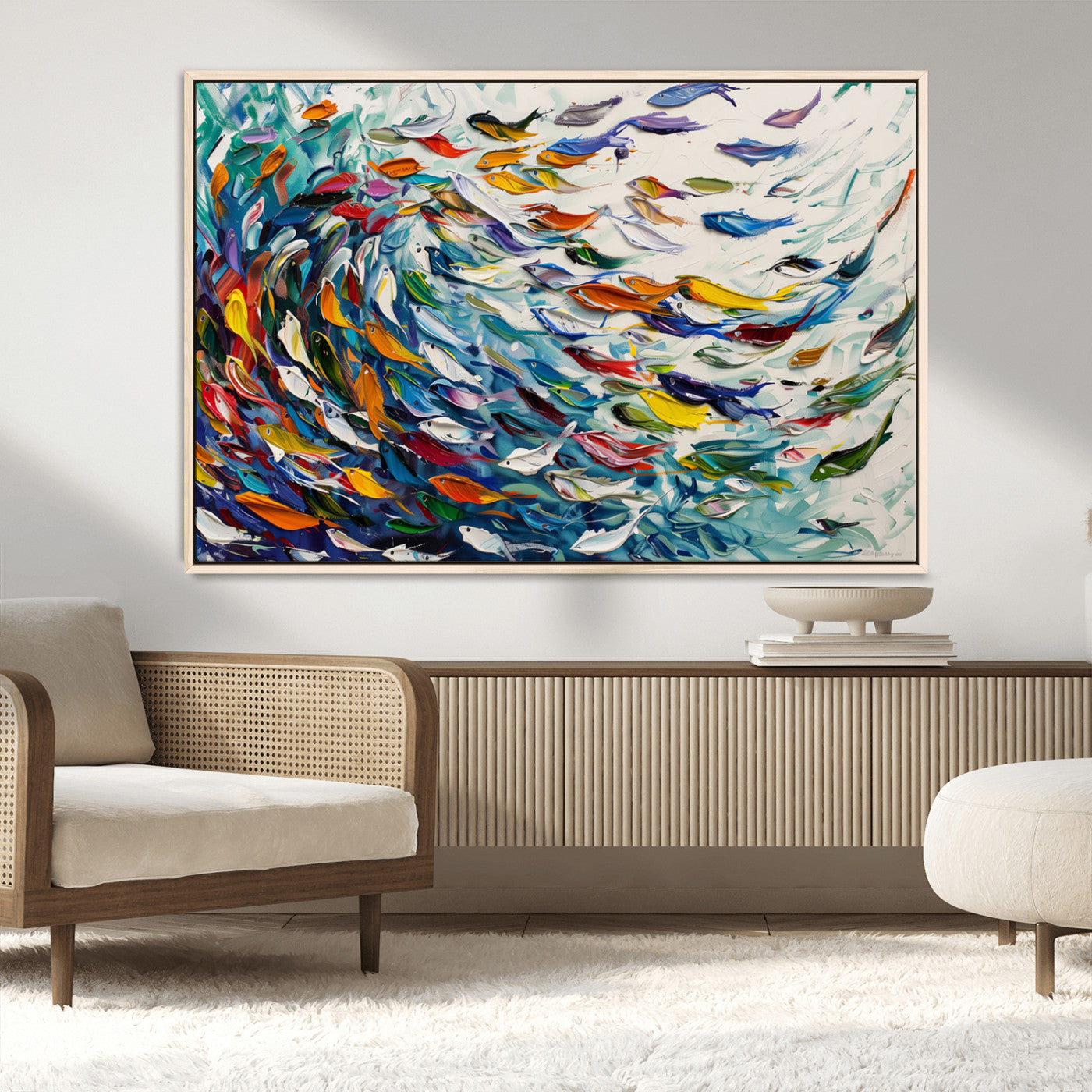 -Modern Abstract Fish Shoal Wall Art Canvas Print, Colorful Fish Herd Painting on Canvas Print, Ocean