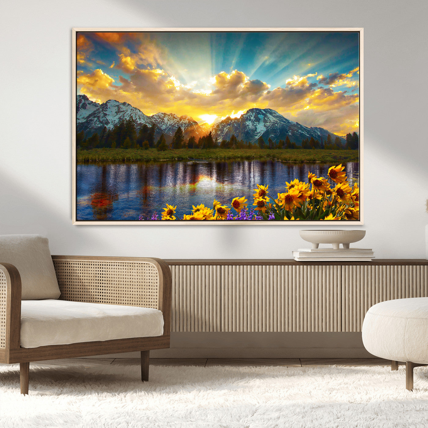 42292-MGV-CV-36X24-Mountain Sunrise Wall Art – Vibrant Landscape Canvas Print with Wildflowers and River Reflection, Nature Scenery Decor for Living Room or Bedroom