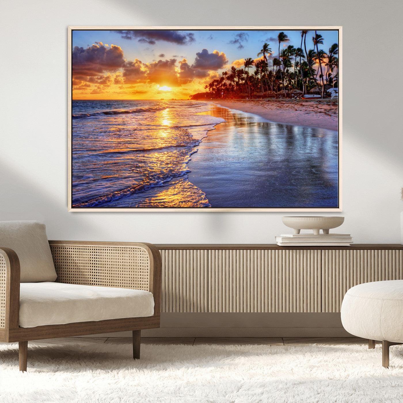 32177-MGV-FC-36X24_Natural-Serene Beach Sunset Wall Art Canvas- Coastal Seascape Print for Living Room or Bedroom, Ocean Waves