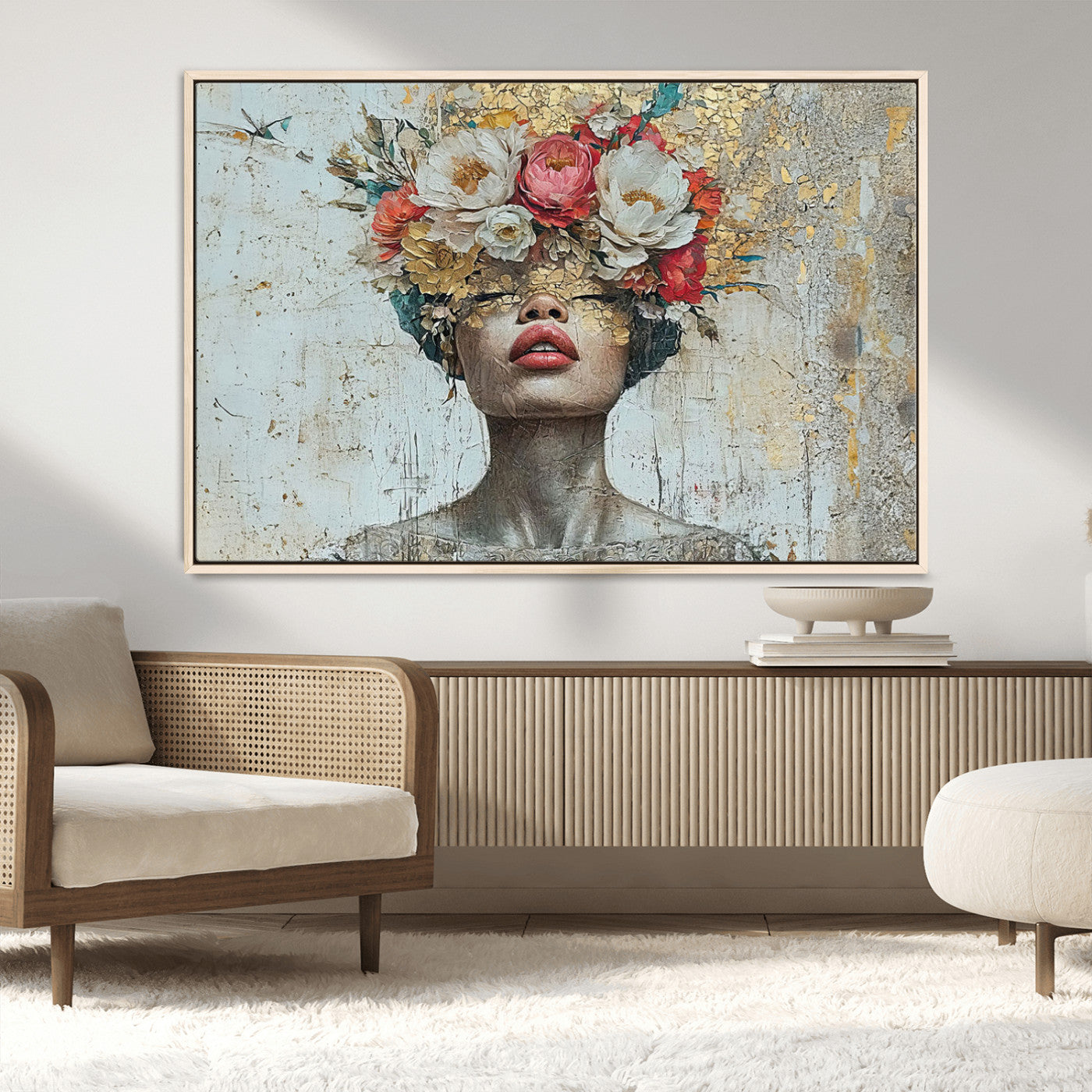 26919-MGV-FC-36X24_Natural-Golden Petal Wall Art Canvas Print - Silhouette Woman Wall Art Canvas Print, Floral Woman Portrait