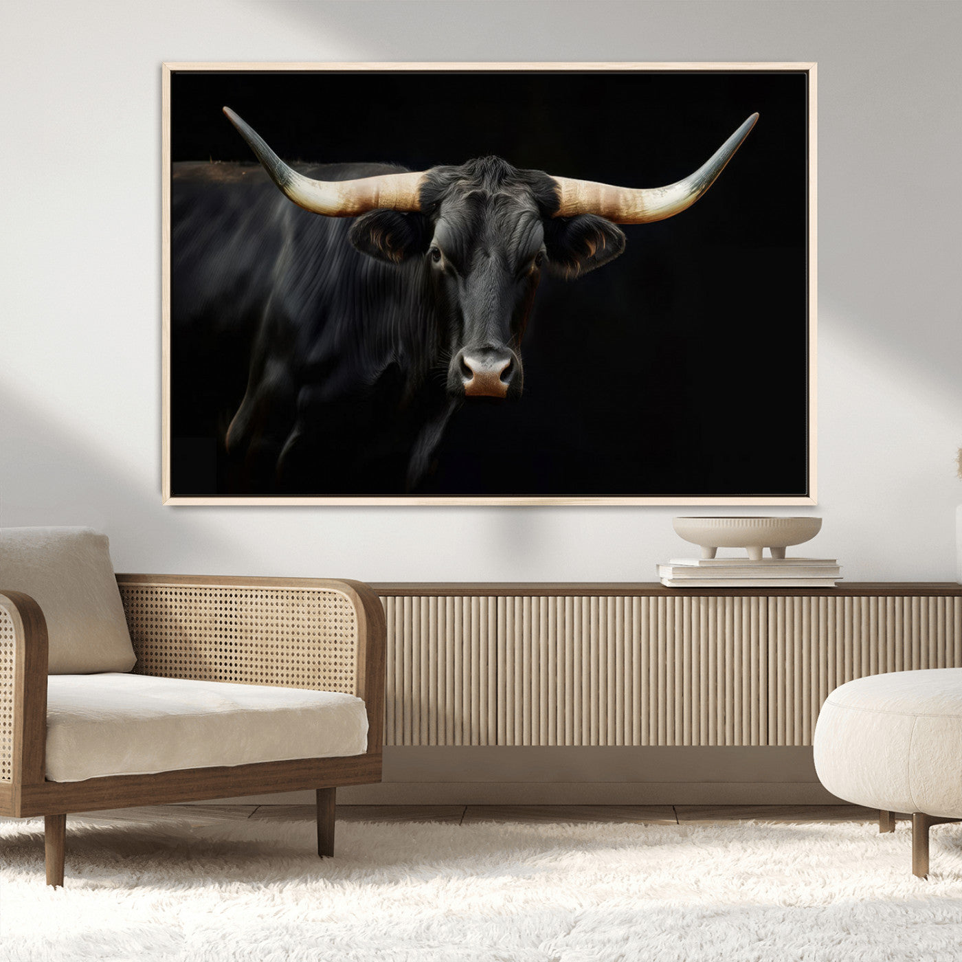 63798-MGV-FC-36X24_Natural-Black Bull Wall Art – Majestic Longhorn Canvas Print with Dark Background, Rustic Western Farmhouse Decor for Living Room or Office
