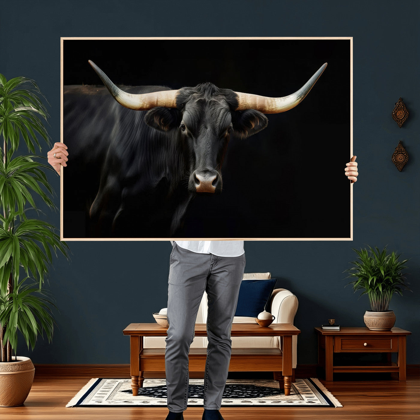 63798-MGV-CV-36X24 - Texas Longhorn Cow | Majestic Black Bull Wall Art Canvas Print - Farmhouse Animal Decor - Ready to