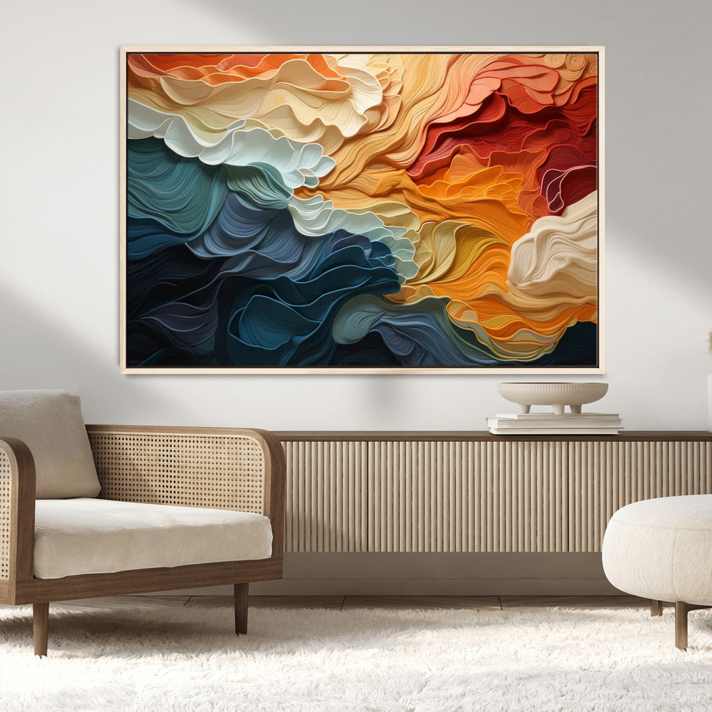 31634-MGV-CV-36X24-Blue Orange Abstract Wave Wall Art Canvas Print, Framed Blue Orange Wave Wall Art