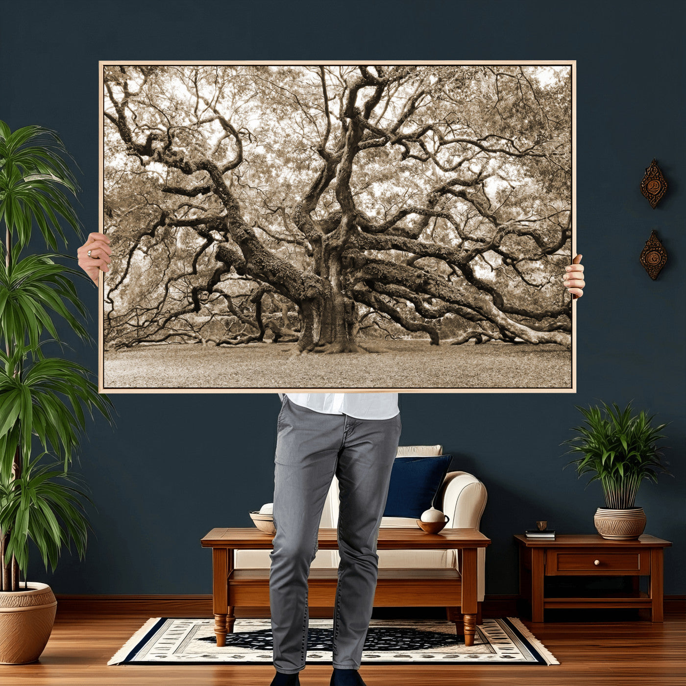 51126-MGV-CV-36X24 - Sepia Framed Angel Oak Tree Wall Art - 3-Panel Canvas Prints, Large Green Nature Artwork, Ready to