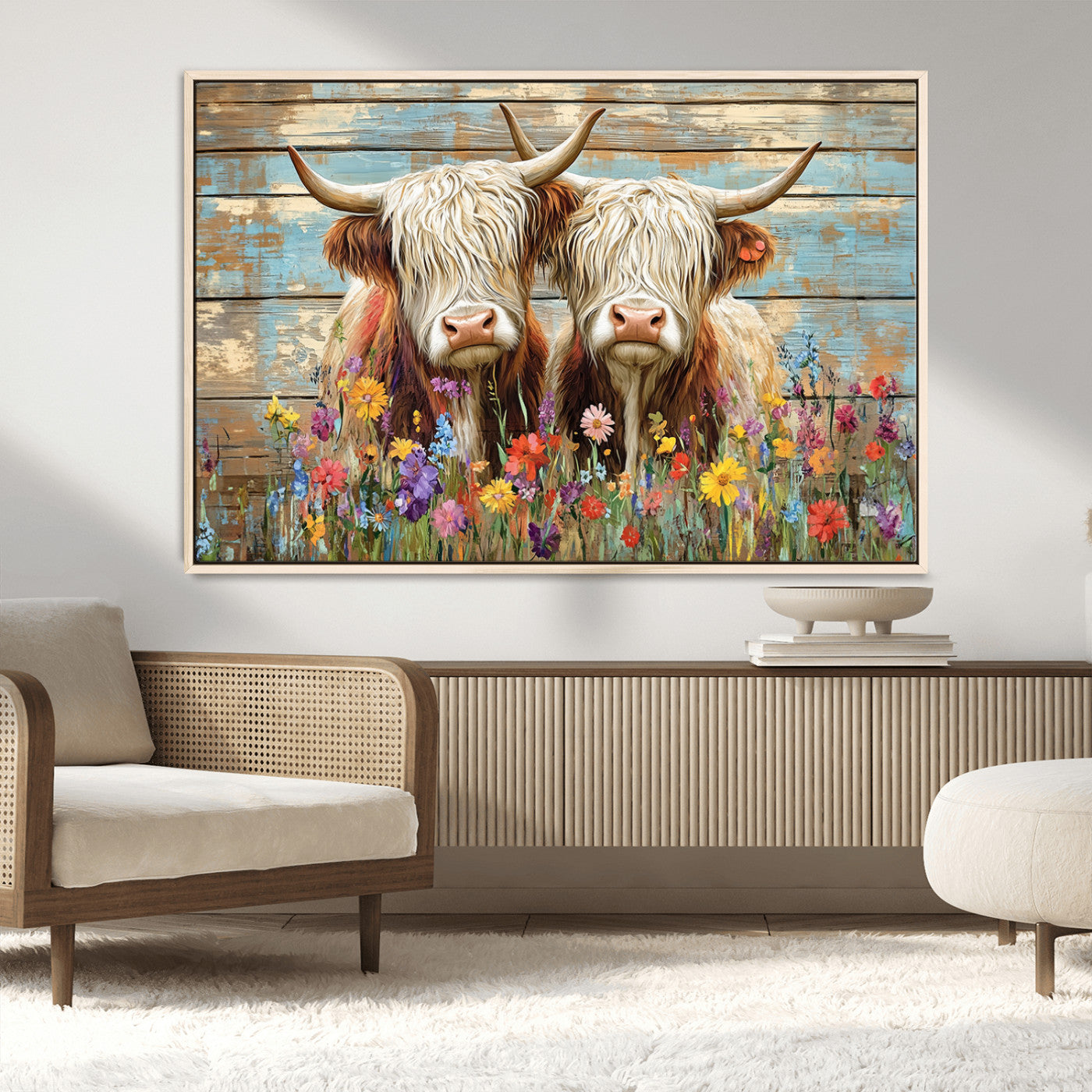 36972-MGV-CV-36X24 - Cute Highland Cow Canvas Wall Art - Rustic Farmhouse Decor with Colorful Flowers Perfect Wall Art