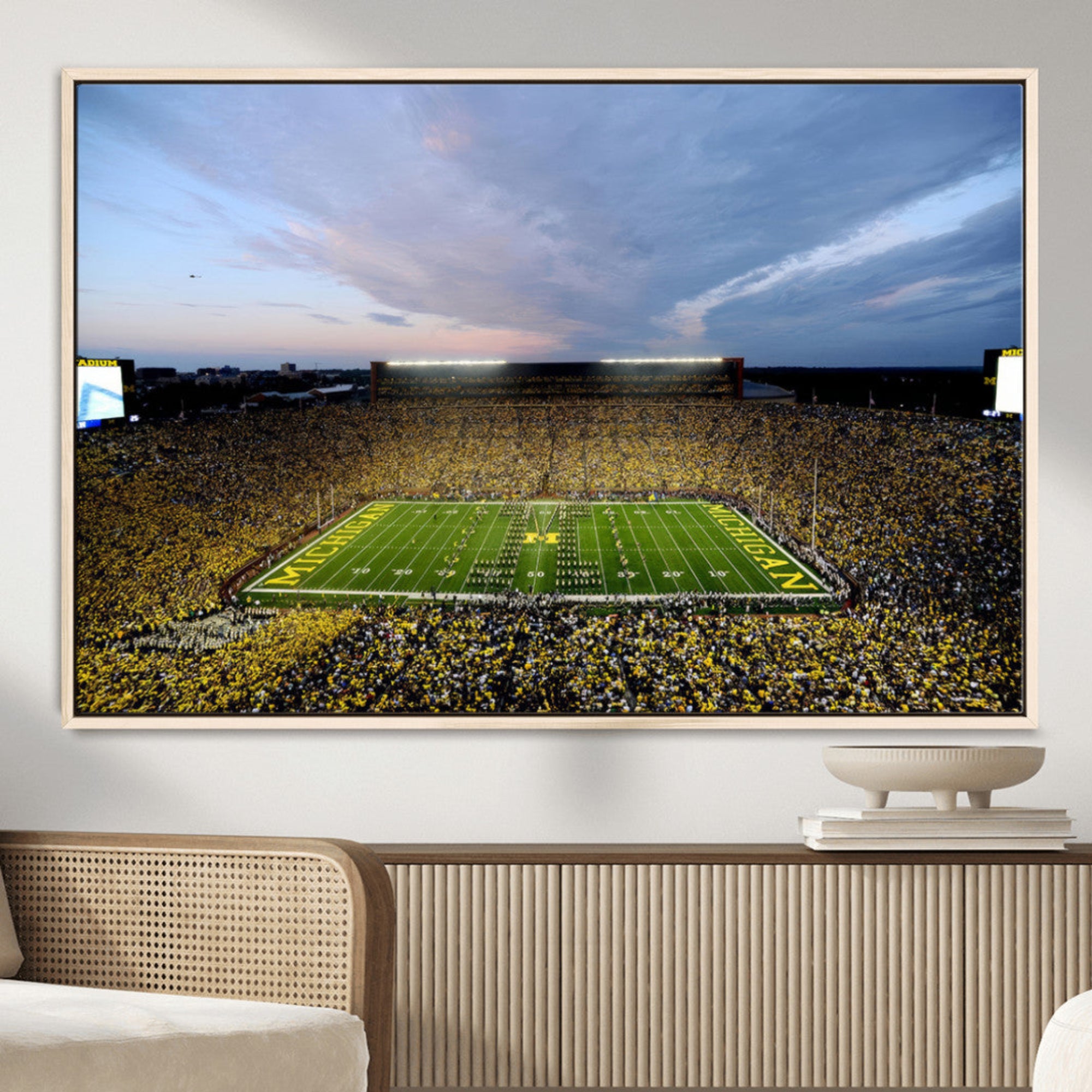 82641-MGV-CV-36X24-Michigan Stadium Wall Art Canvas Print – Framed Football Field Scene with Marching Band Artwork for Home, Office