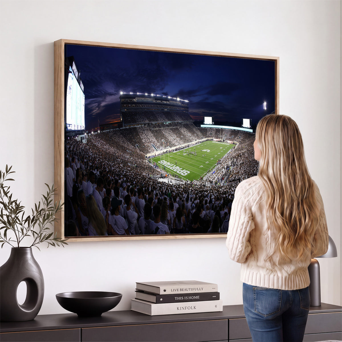 75193-PAN-FL-20X10 - Michigan State Spartans Canvas, Framed Football Team Print - East Lansing Spartan Stadium Wall Art